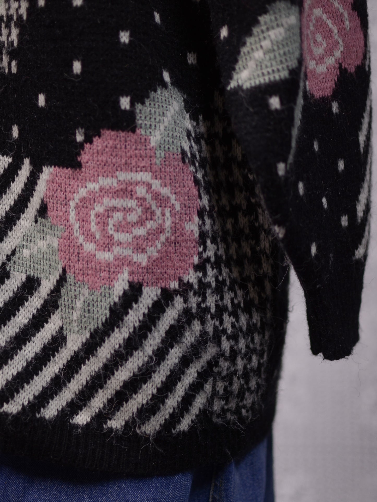 1980s Honey black, white and rose pink floral, polkadot and houndstooth long jumper