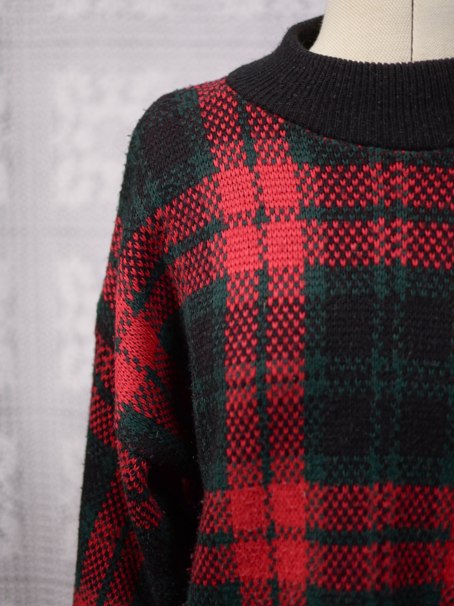 1980s C&A red, green and black tartan checked jumper