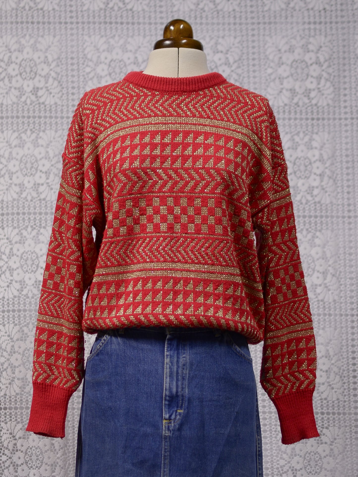 1980s red and gold batwing festive geometric striped jumper