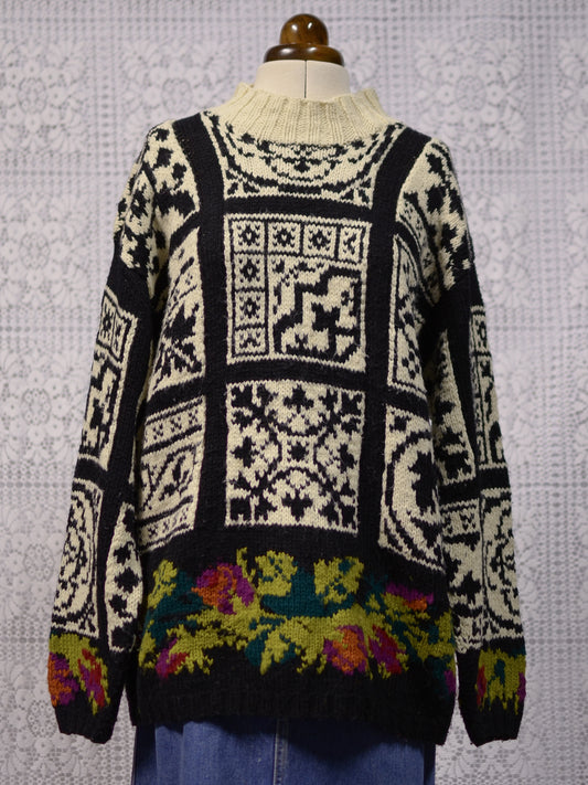 1990s cream and black patterned jumper with floral border