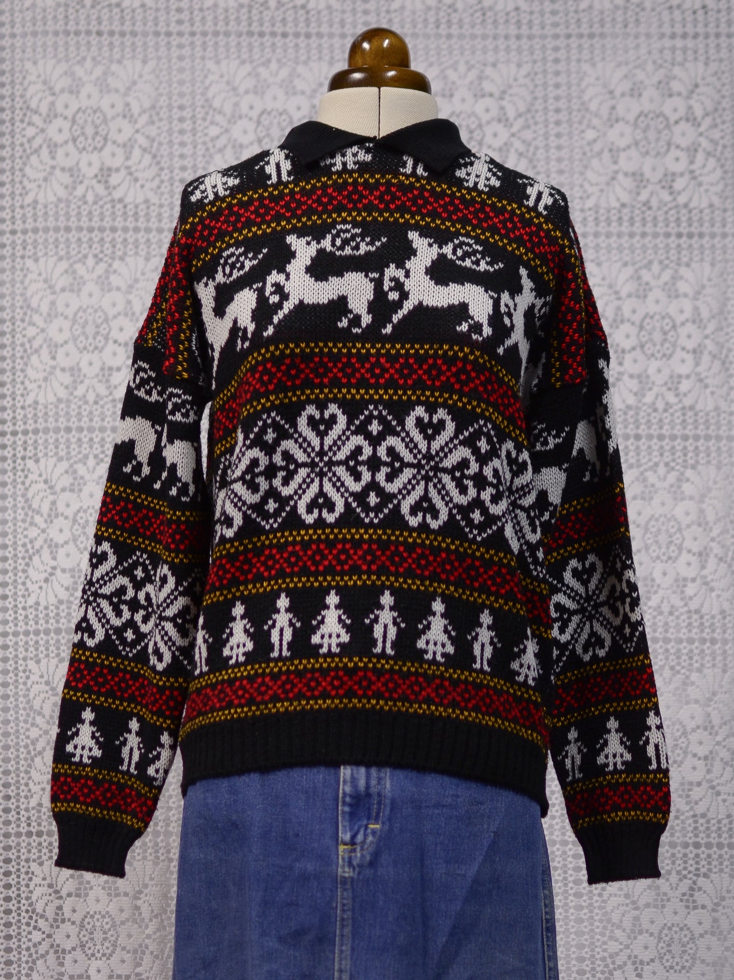 1980s black, white and red festive christmas reindeer collared jumper