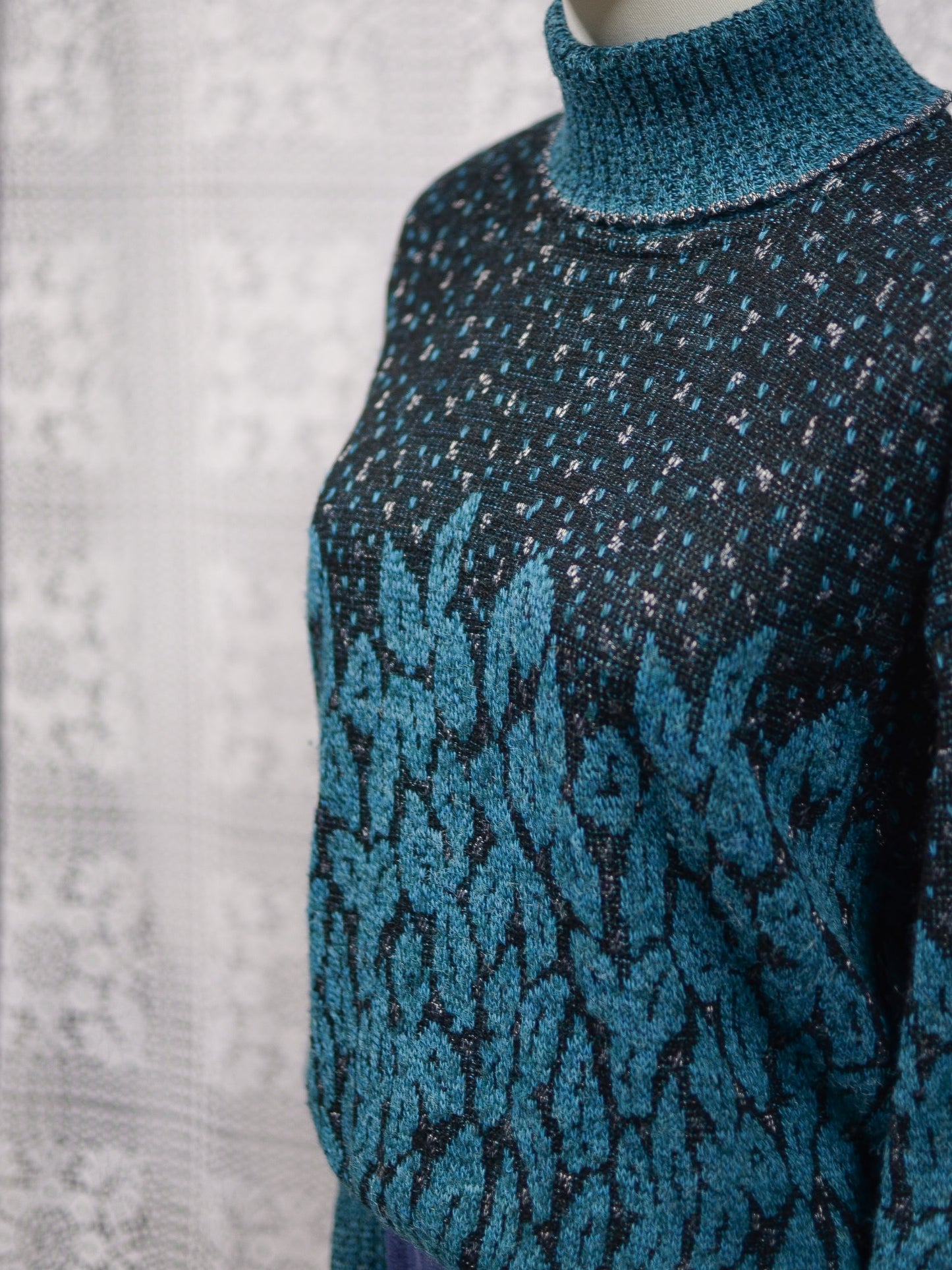 1980s teal, black and silver roll neck batwing jumper