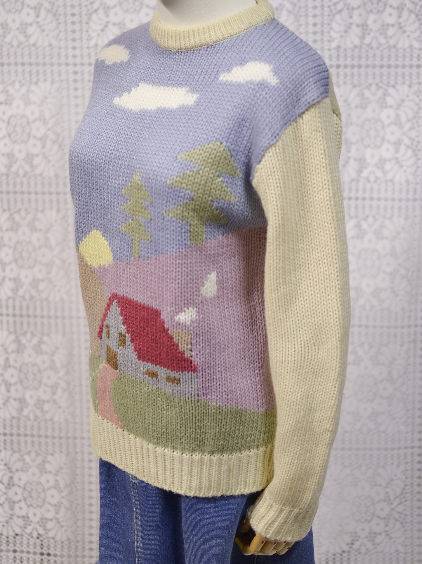 1980s Chelsea Girl cream and pastel cottage pattern jumper