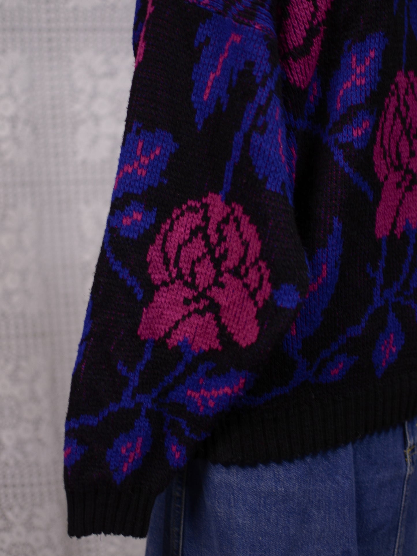 1980s black, purple and pink rose floral print batwing jumper