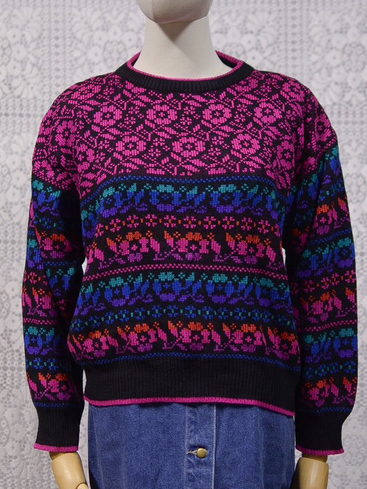 1980s black, pink, blue, purple and green floral pattern jumper