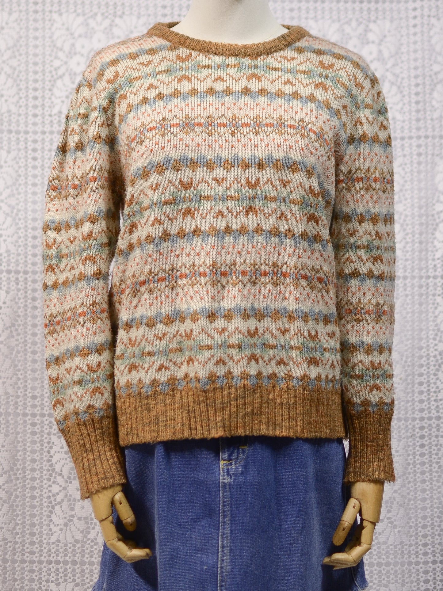 1980s BHS brown, cream and blue snowflake nordic stripe patterned jumper