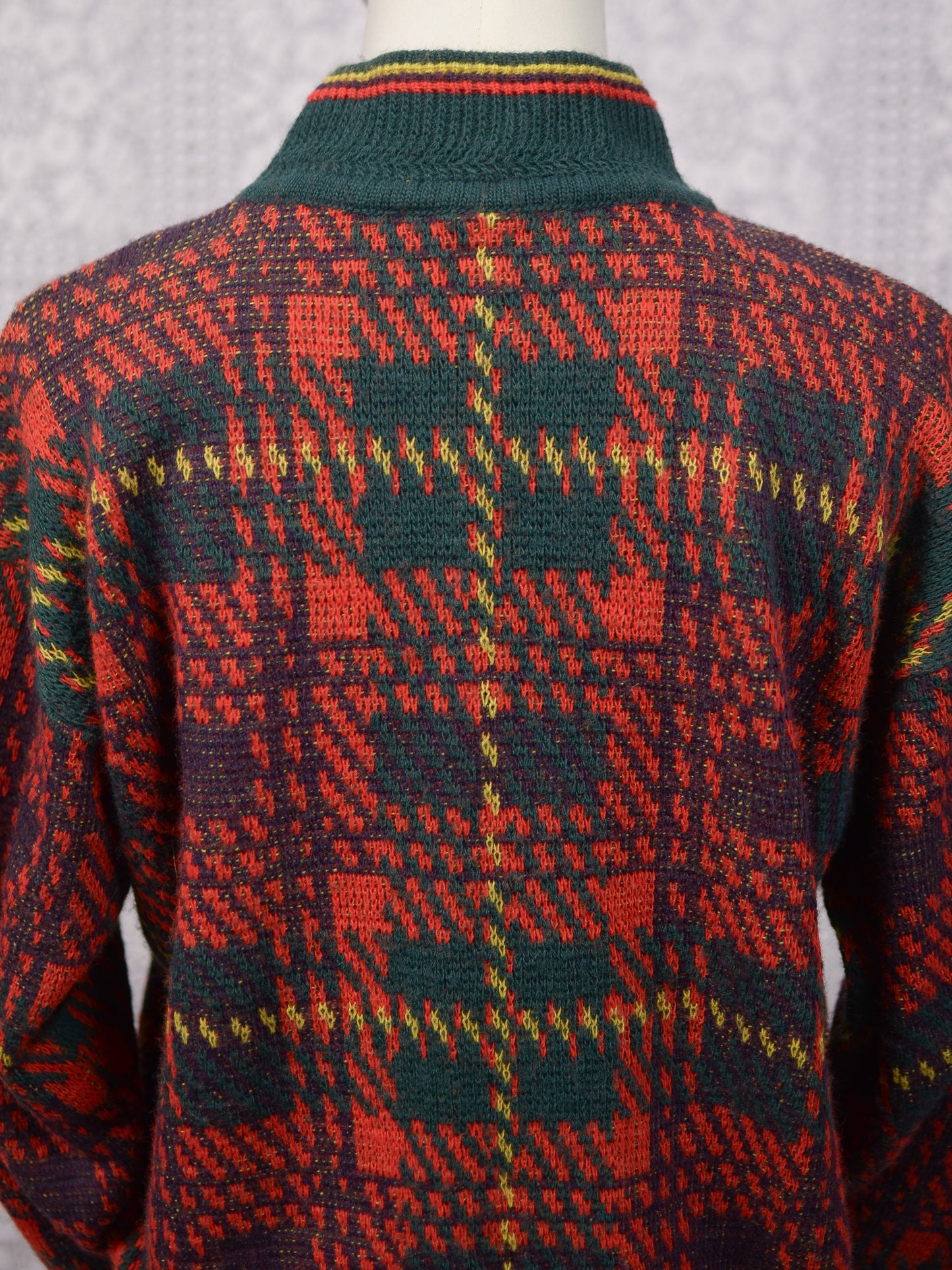 1970s red, green and yellow tartan high neck jumper