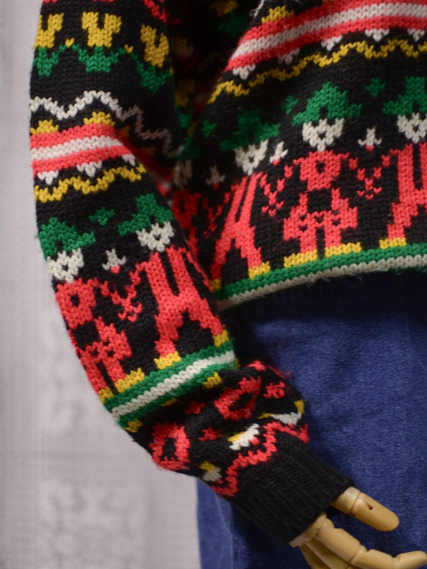 1980s Topshop black, red, green and yellow folk pattern jumper