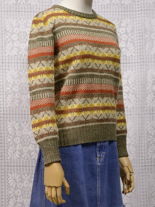 1970s BHS brown, orange and yellow patterned stripe jumper