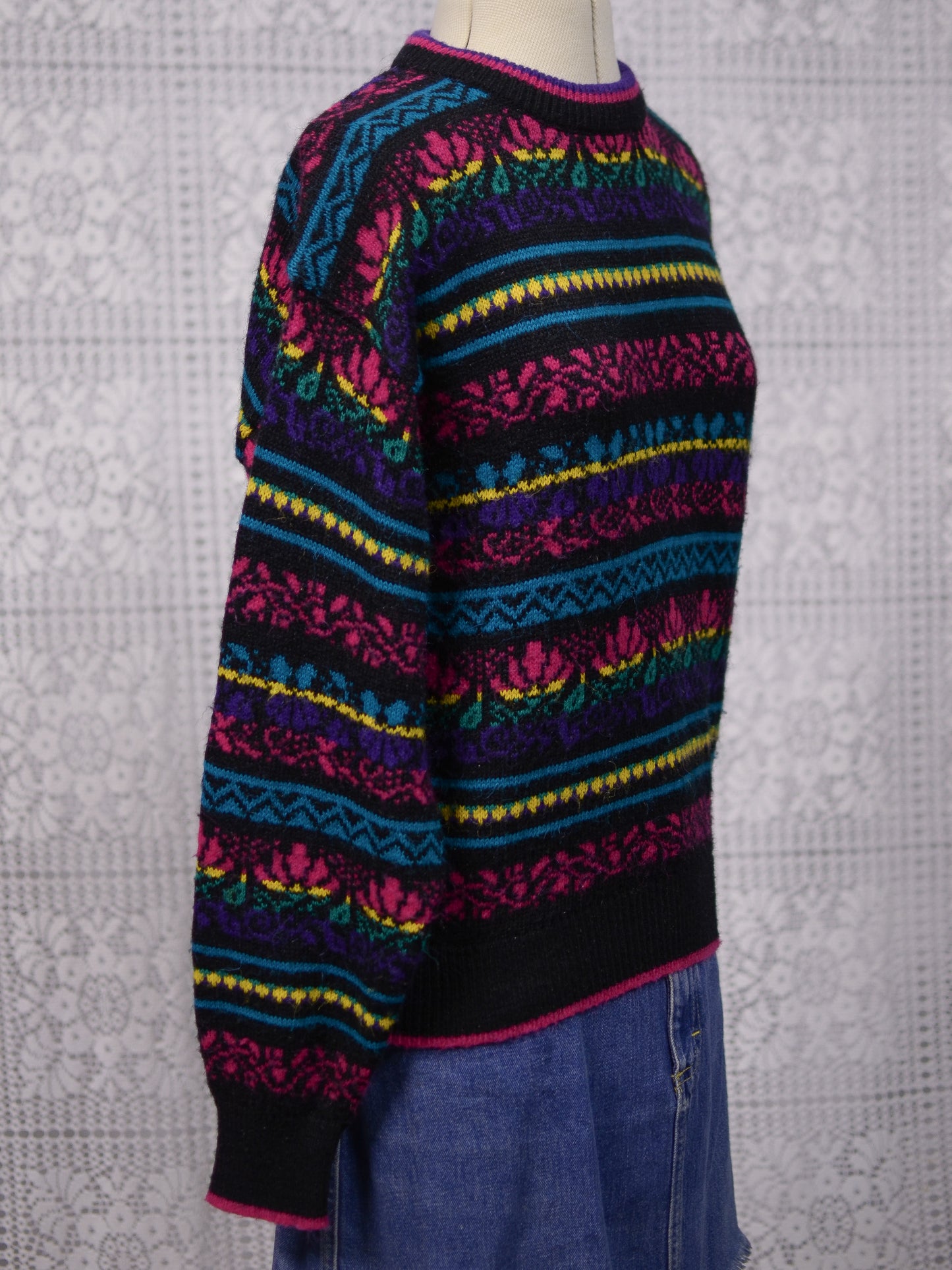 1980s C&A black, pink, yellow, purple and blue colourful floral stripe jumper