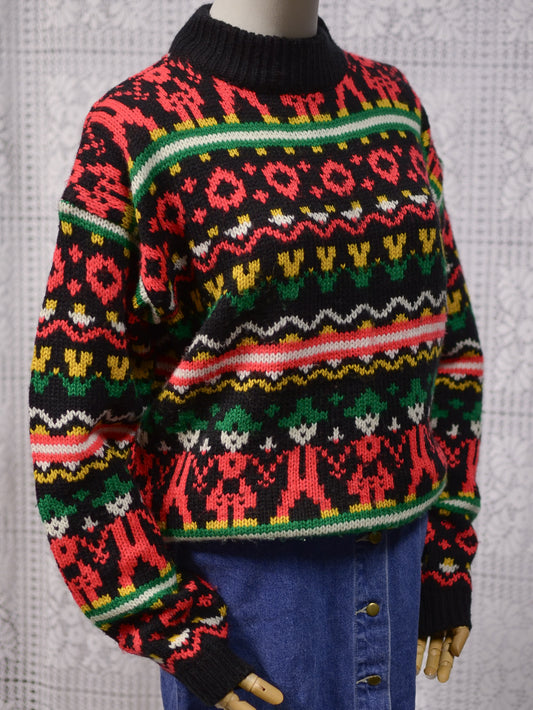 1980s Topshop black, red, green and yellow folk pattern jumper