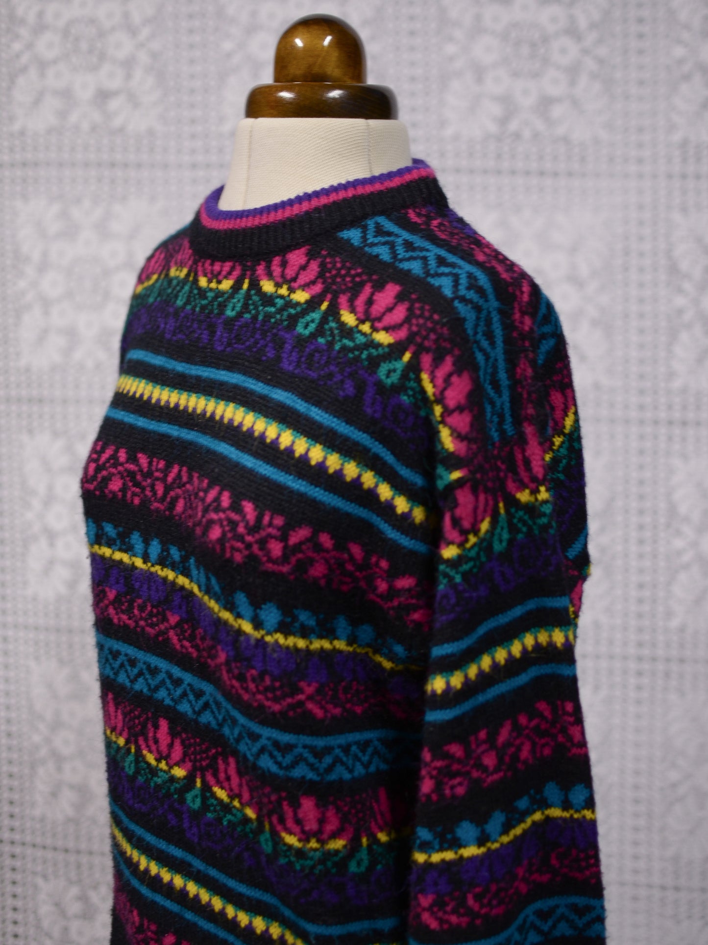 1980s C&A black, pink, yellow, purple and blue colourful floral stripe jumper