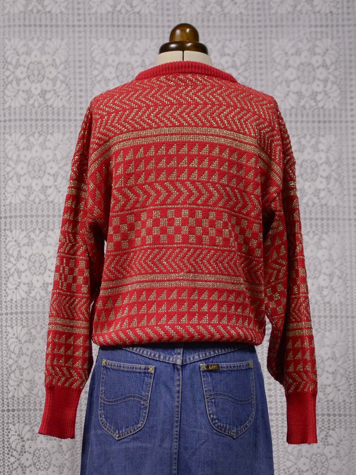 1980s red and gold batwing festive geometric striped jumper