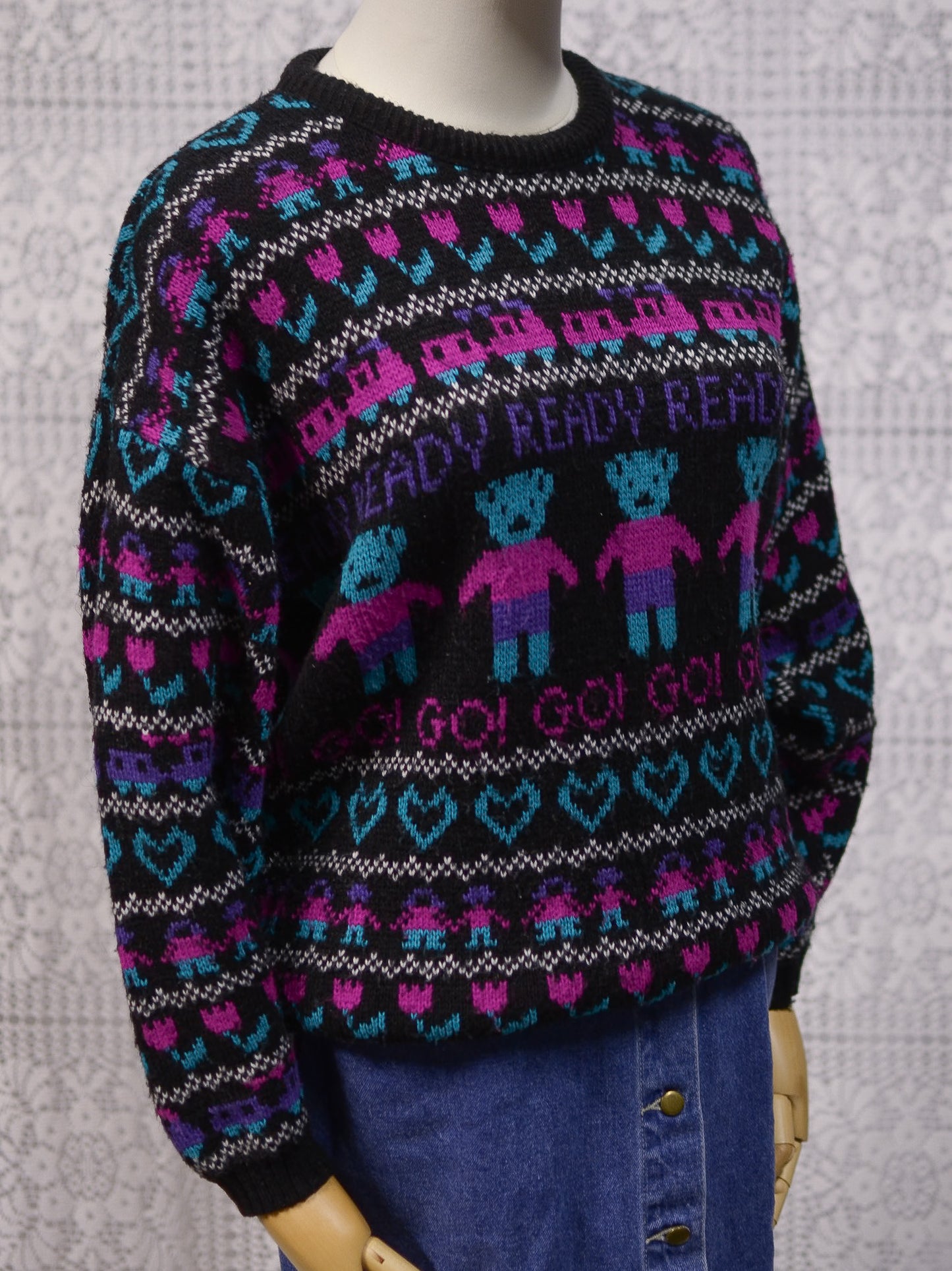 1980s black, pink and purple teddy bear novelty jumper