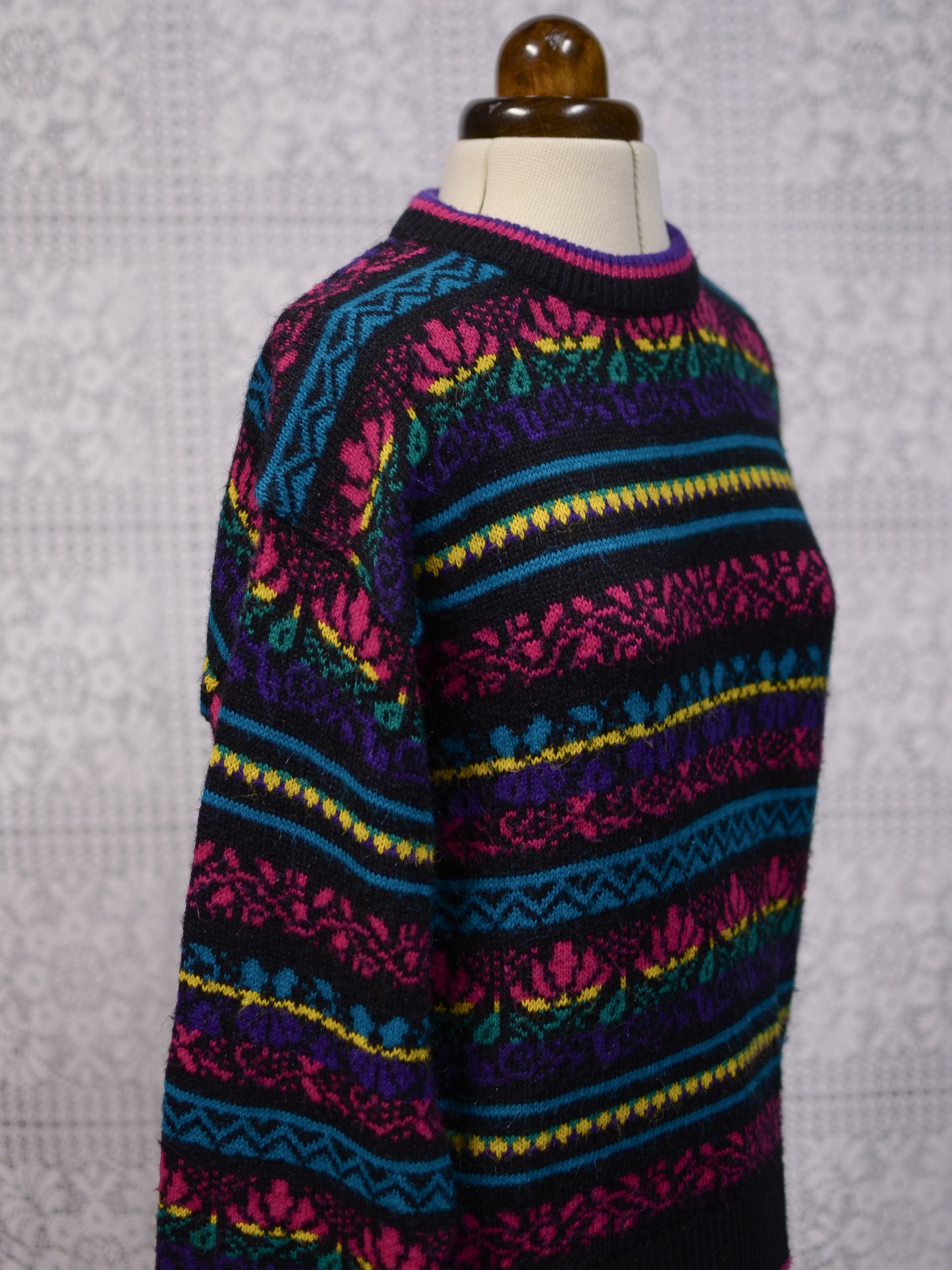 1980s C&A black, pink, yellow, purple and blue colourful floral stripe jumper