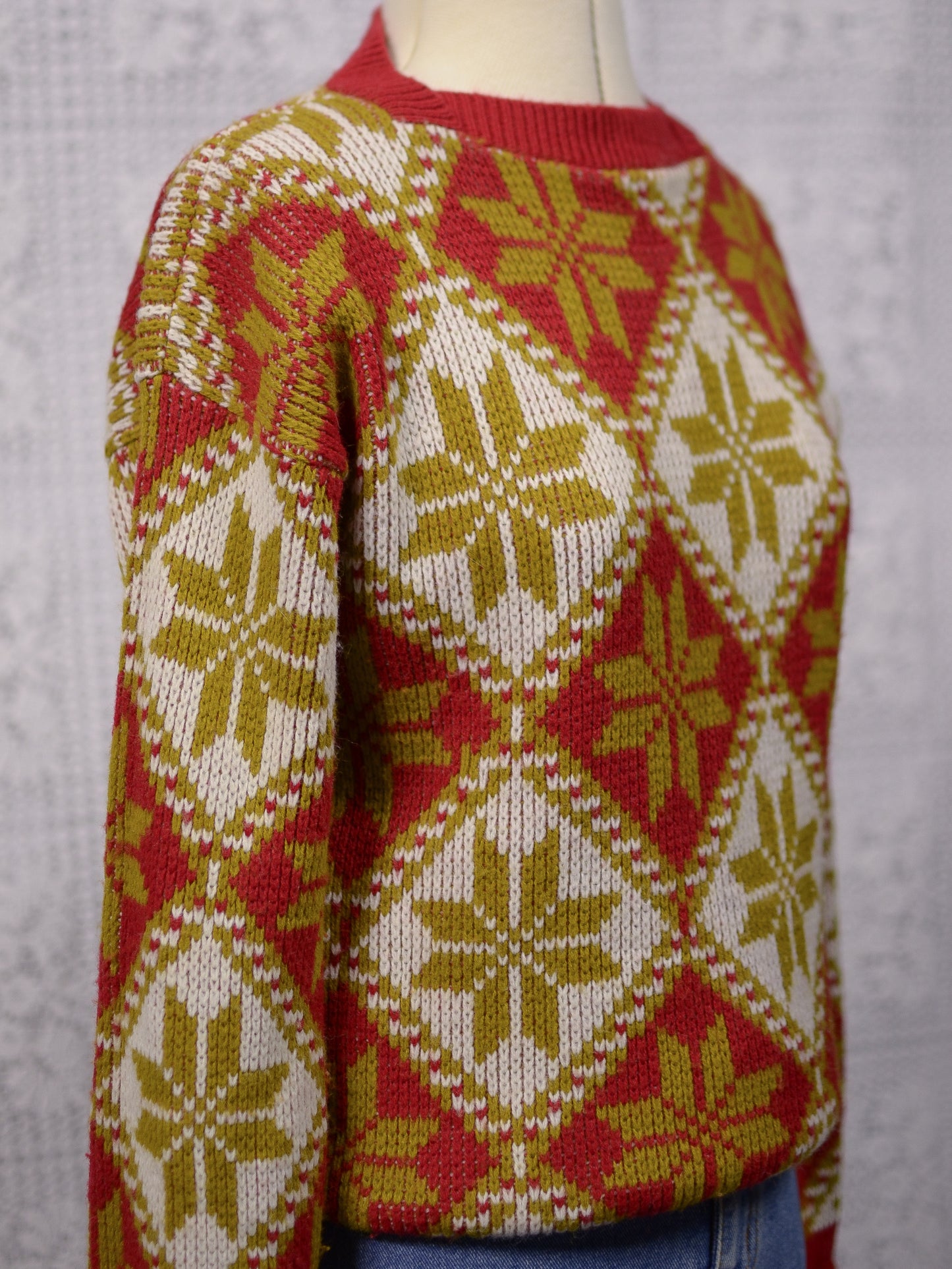 1960s red, white and yellow snowflake pattern jumper