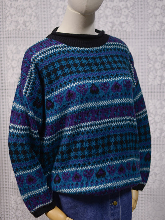 1990s Stefano black, turquoise and purple heart and stripe pattern jumper