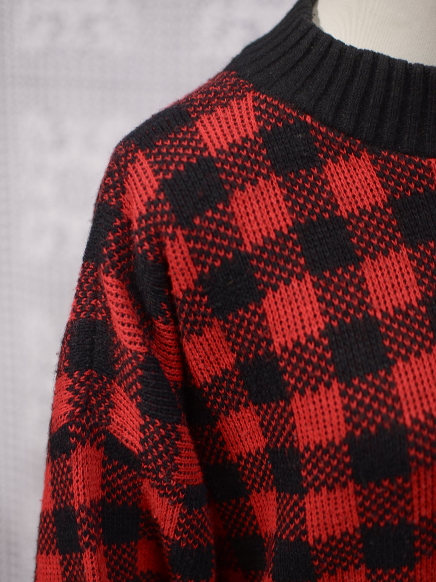 1990s red and black gingham plaid diamond argyle pattern jumper