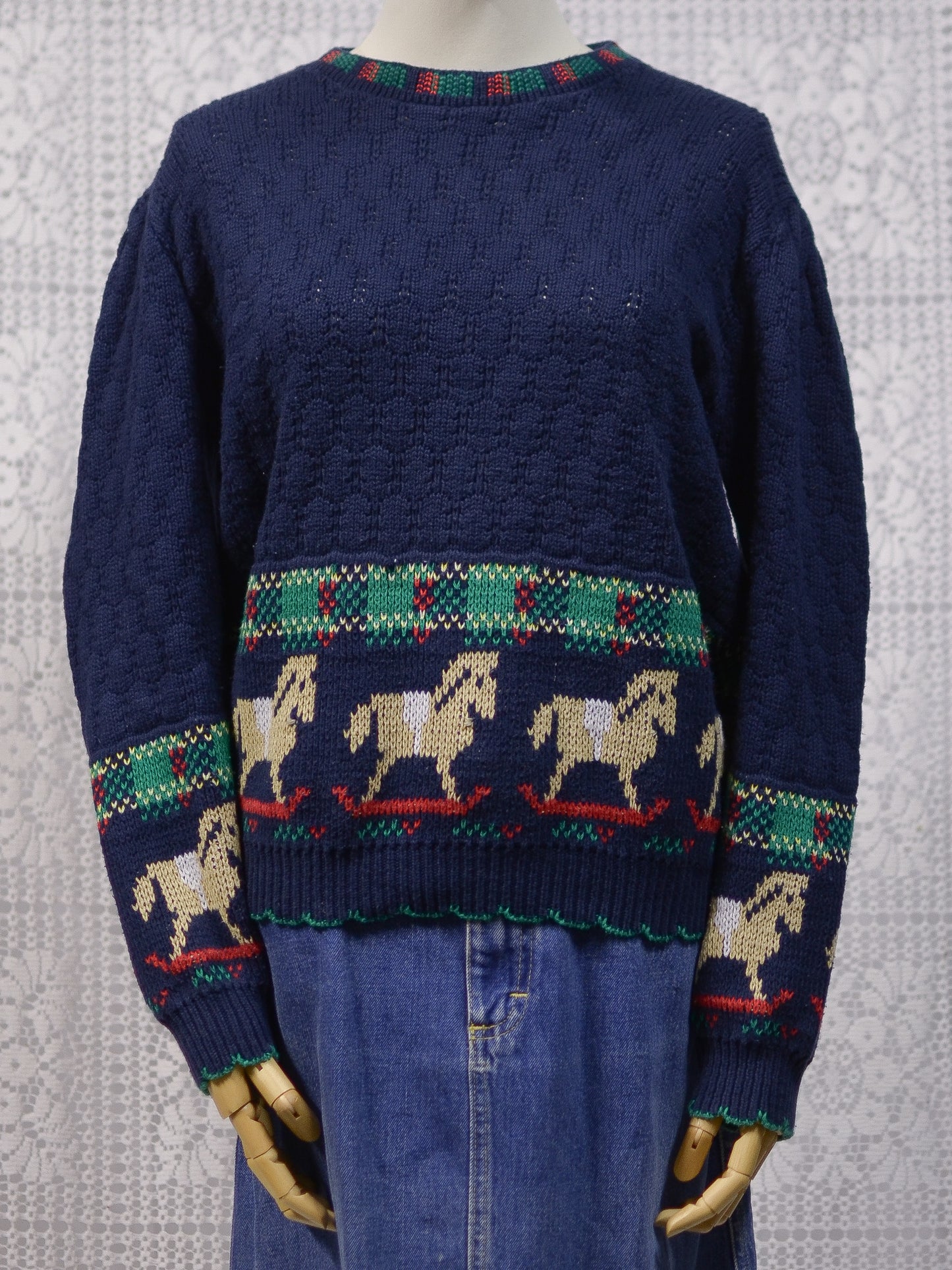 1990s Sweater Loft navy and green rocking horse novelty festive jumper