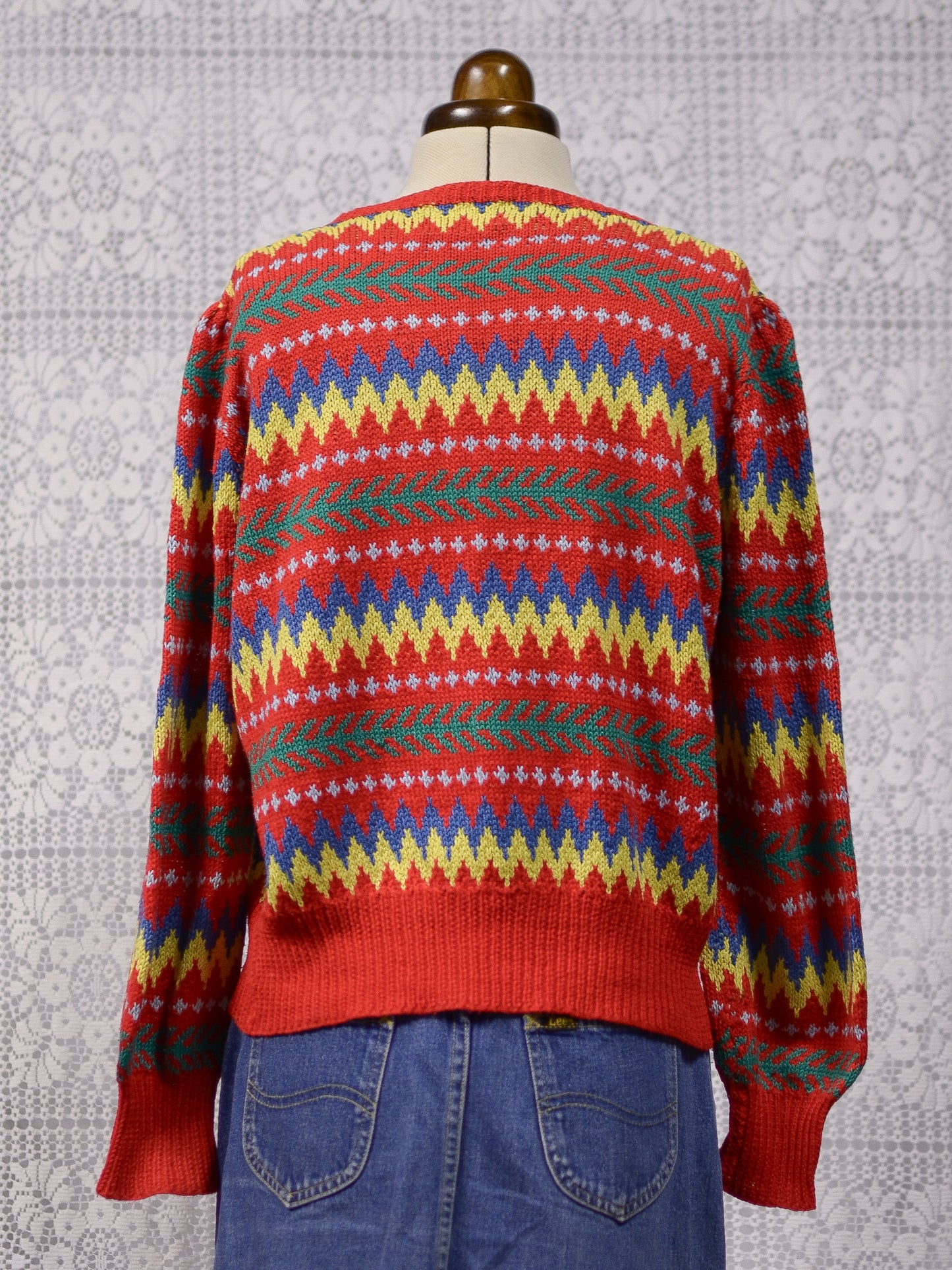 1970s 80s Edina and Lena red, yellow, green and blue hand knitted zigzag cotton jumper