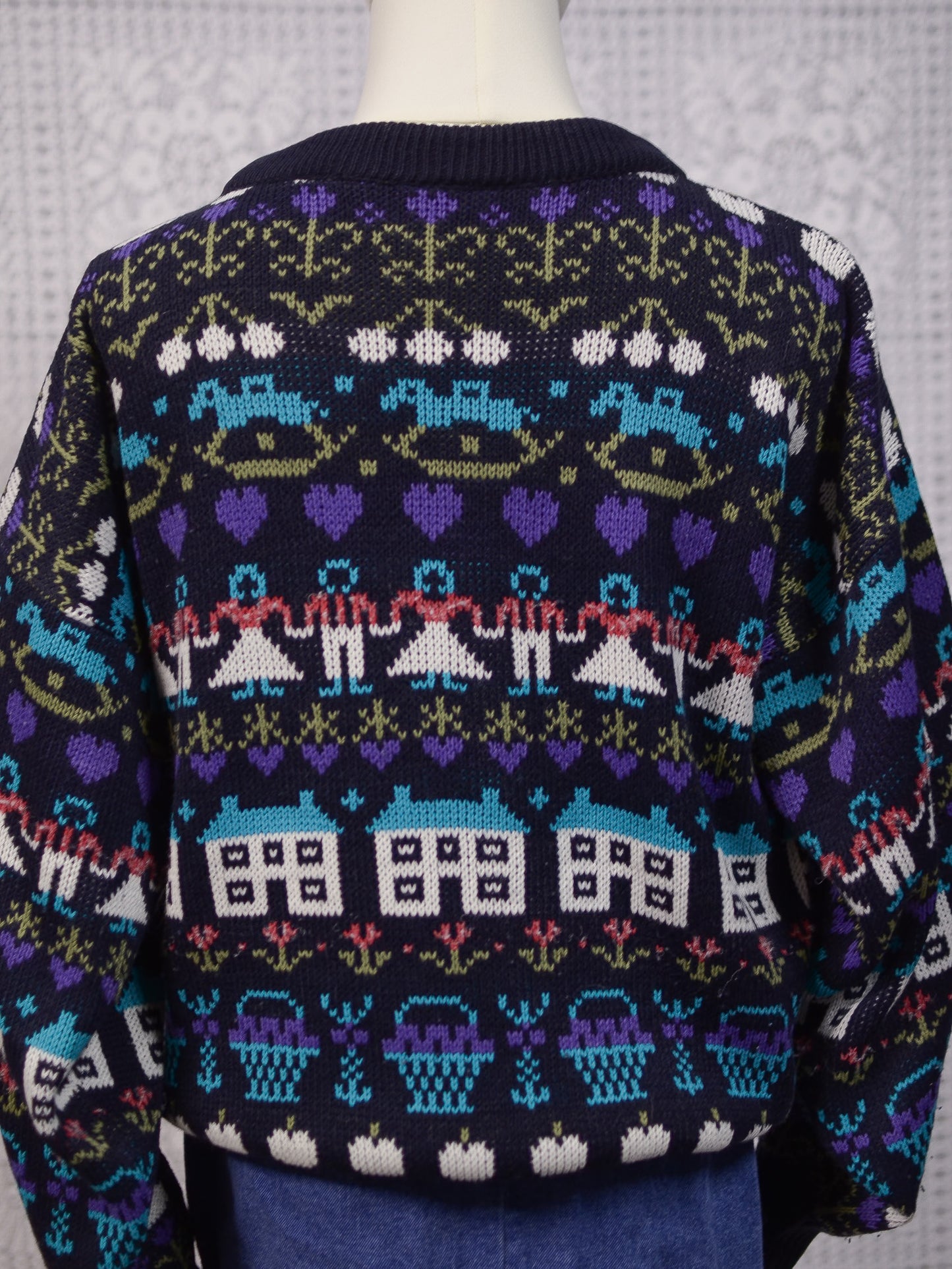 1980s navy blue, purple and blue novelty folk pattern jumper
