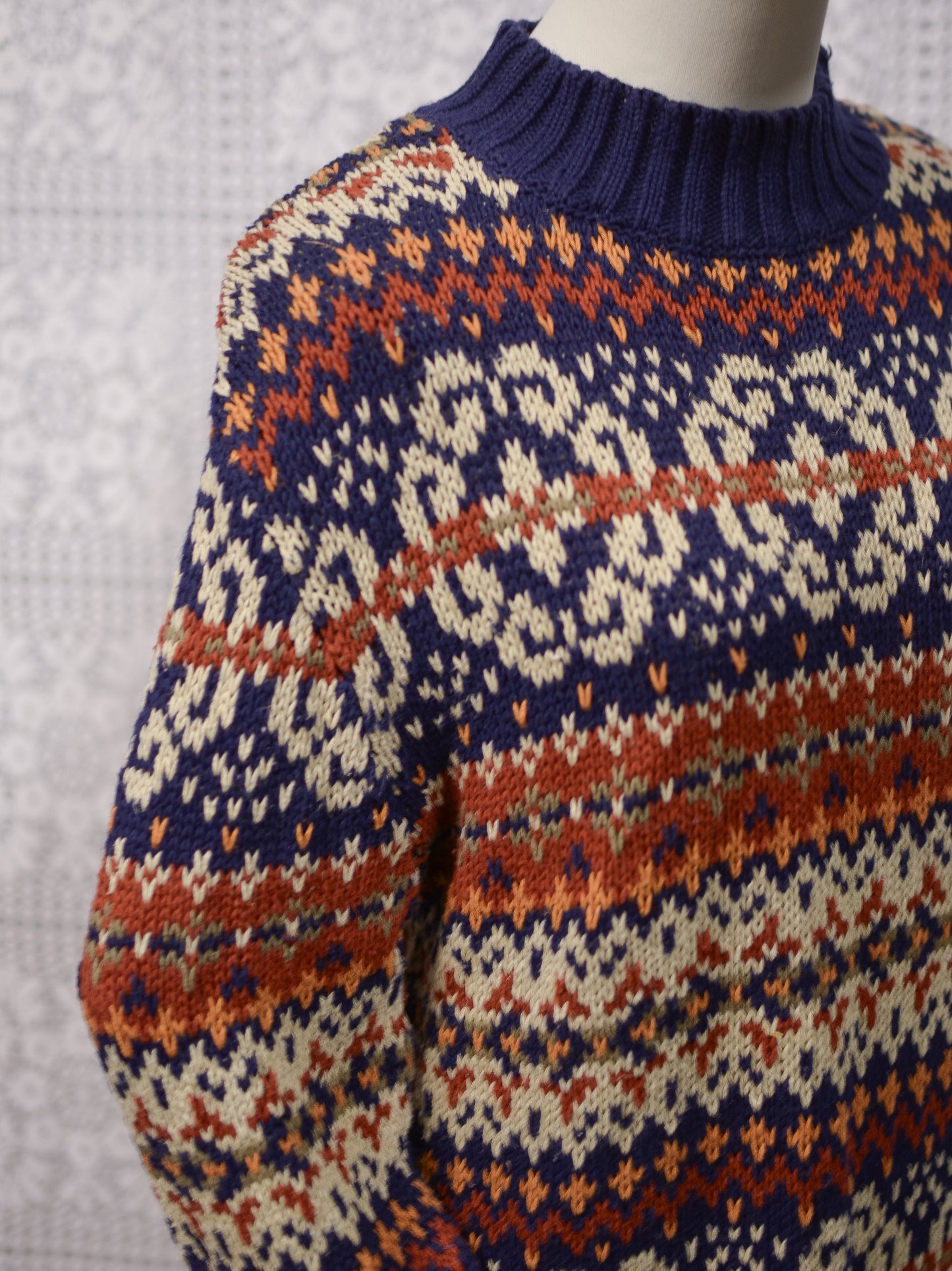 Y2K Etam navy blue and brown cotton ramie long chunky jumper