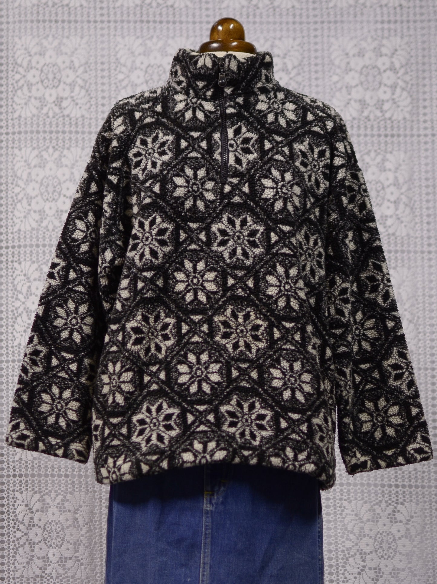 1990s St Michael black and white snowflake pattern quarter zip fleece