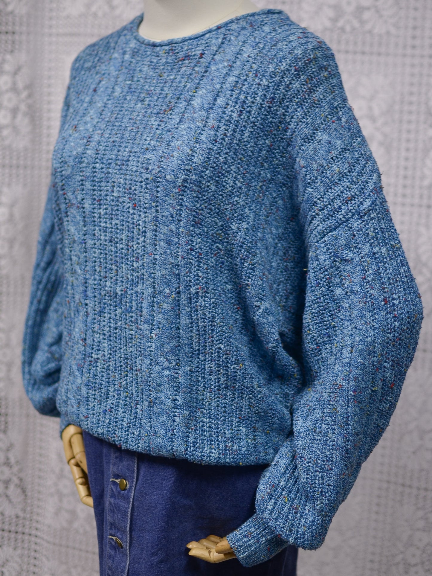 1990s blue and multicolour cotton blend cable knit slouchy jumper