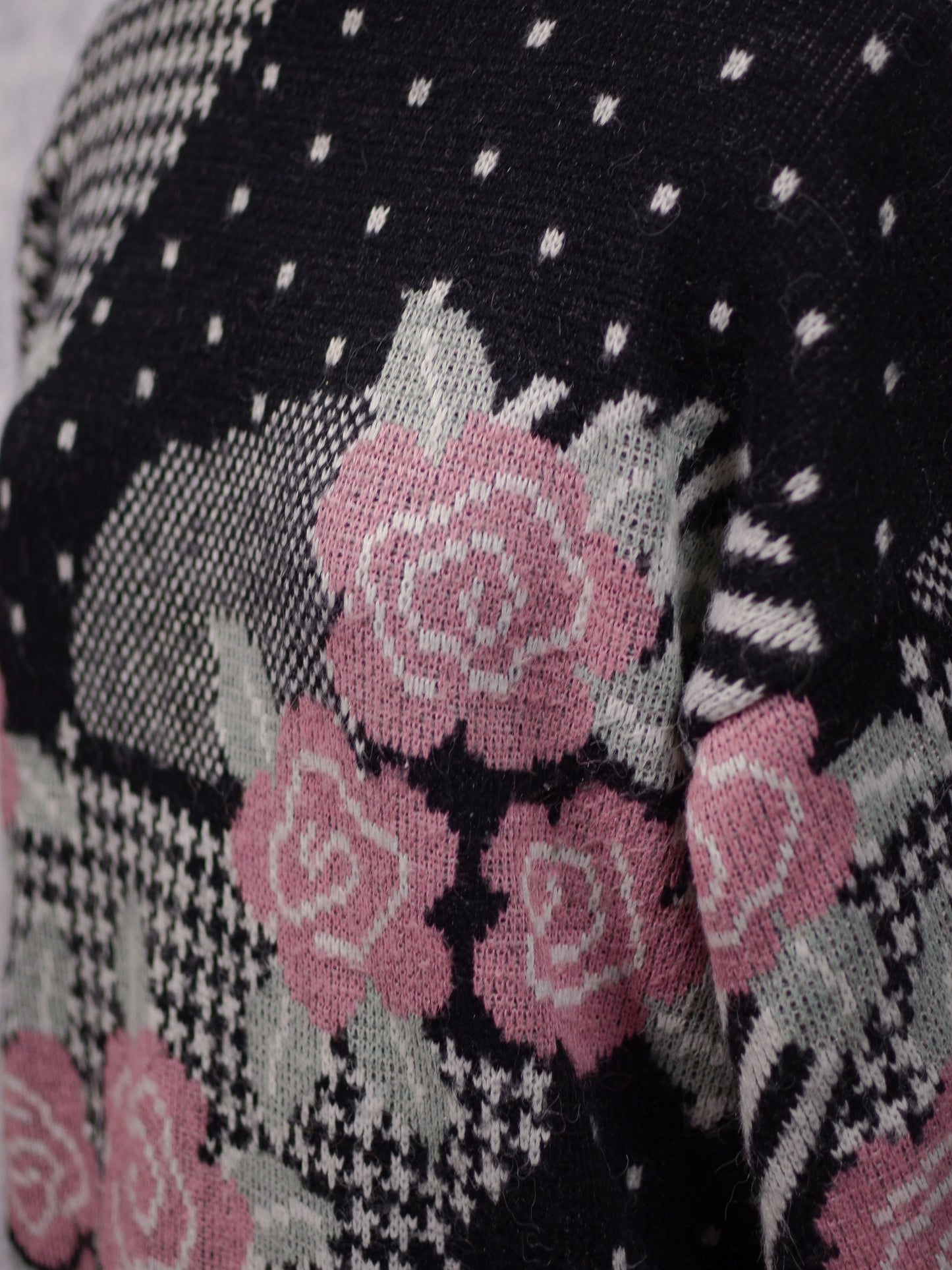 1980s Honey black, white and rose pink floral, polkadot and houndstooth long jumper