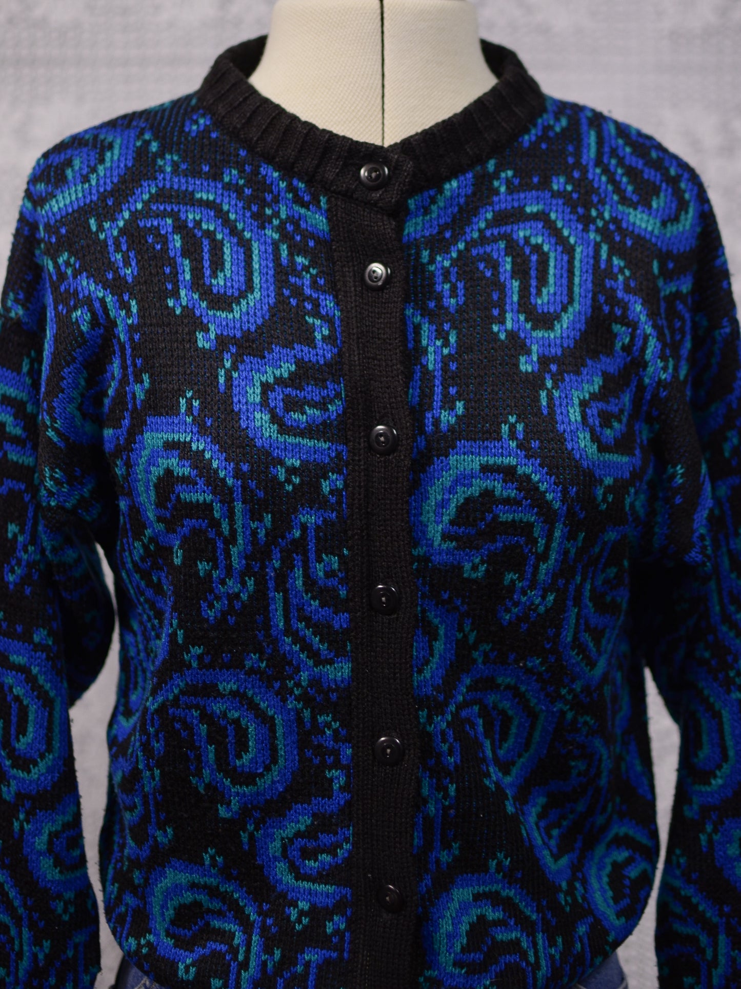 1980s St Michael black, blue and green paisley pattern button-through crew neck cardigan