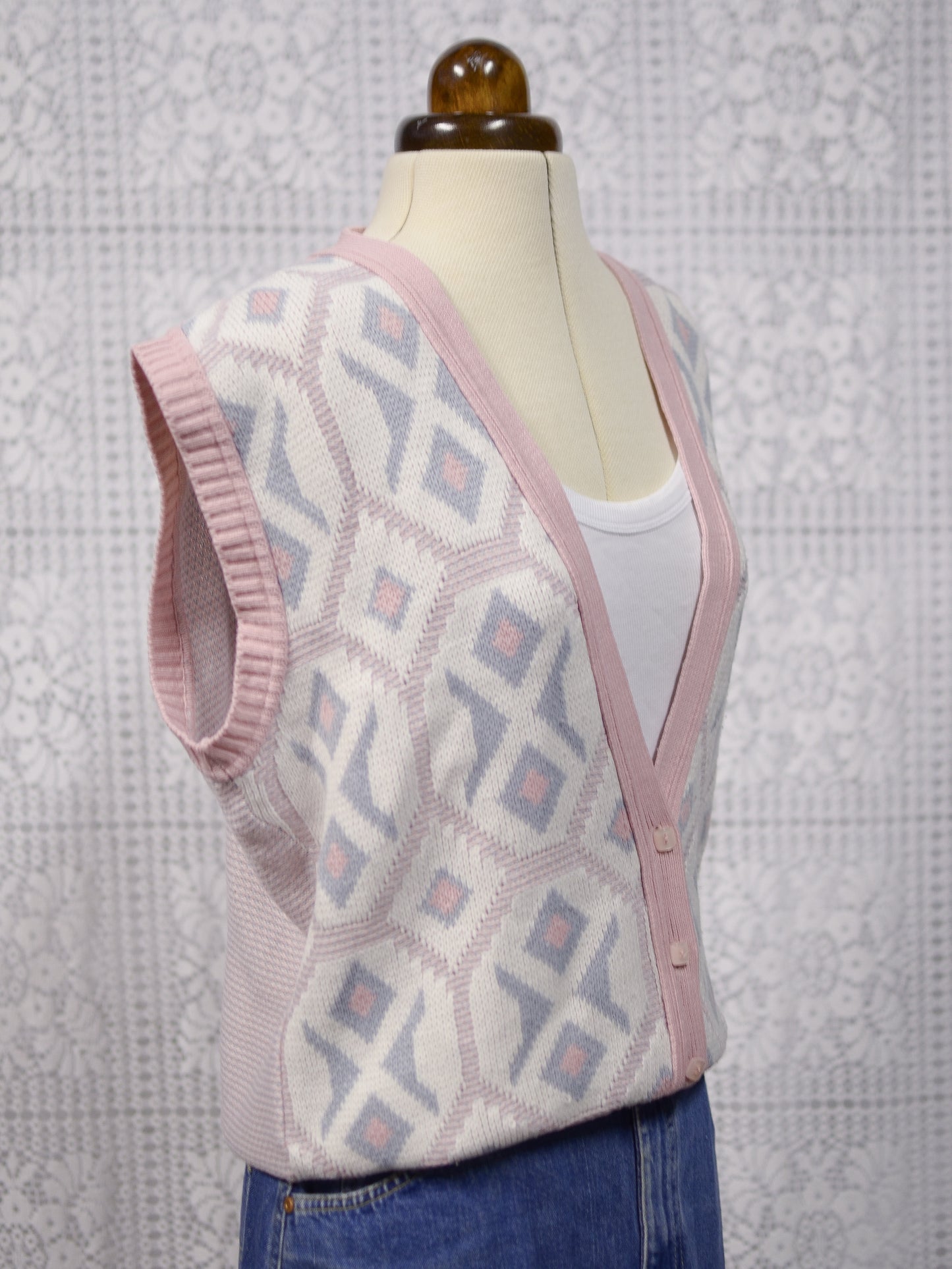 1980s pink, white and blue knitted waistcoat tank top sleeveless cardigan