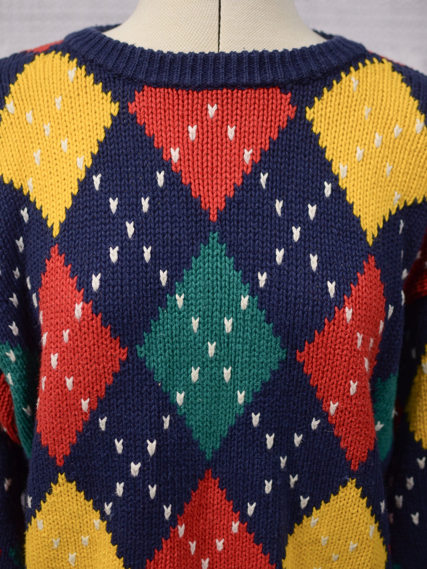 1990s Liz Claiborne navy blue, red, yellow and green argylle cotton jumper