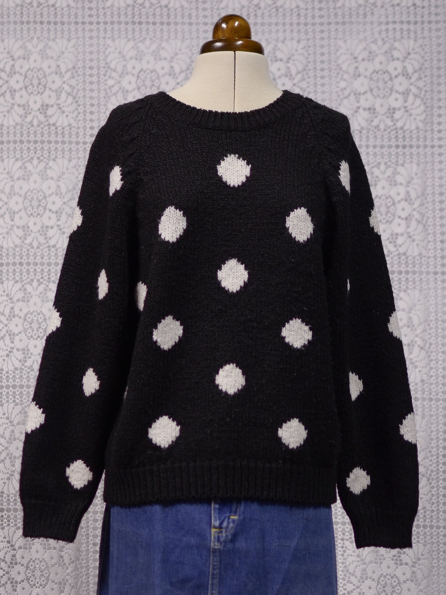 1990s Littlewoods black and white polkadot soft slouchy raglan jumper