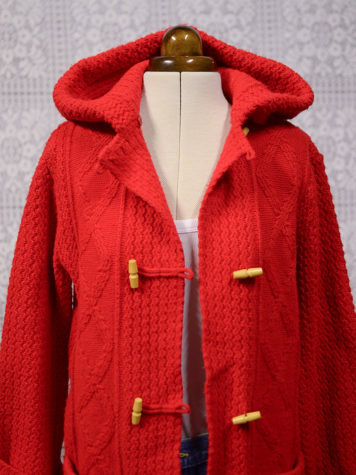 1970s St Michael red cable knit hooded duffle style long cardigan with toggle buttons