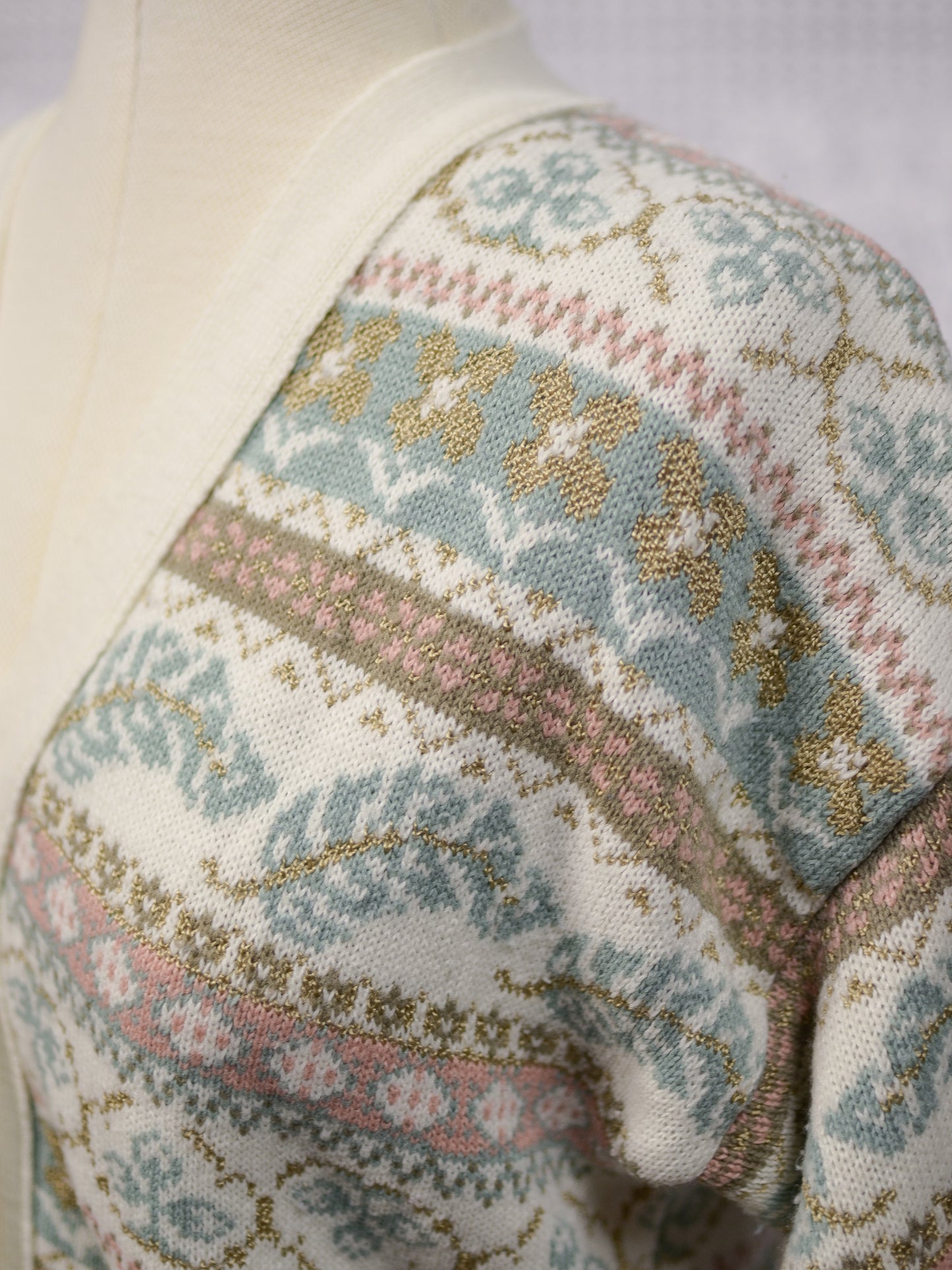 1980s cream, brown, pink and turquoise floral and feather pattern striped v-neck cardigan