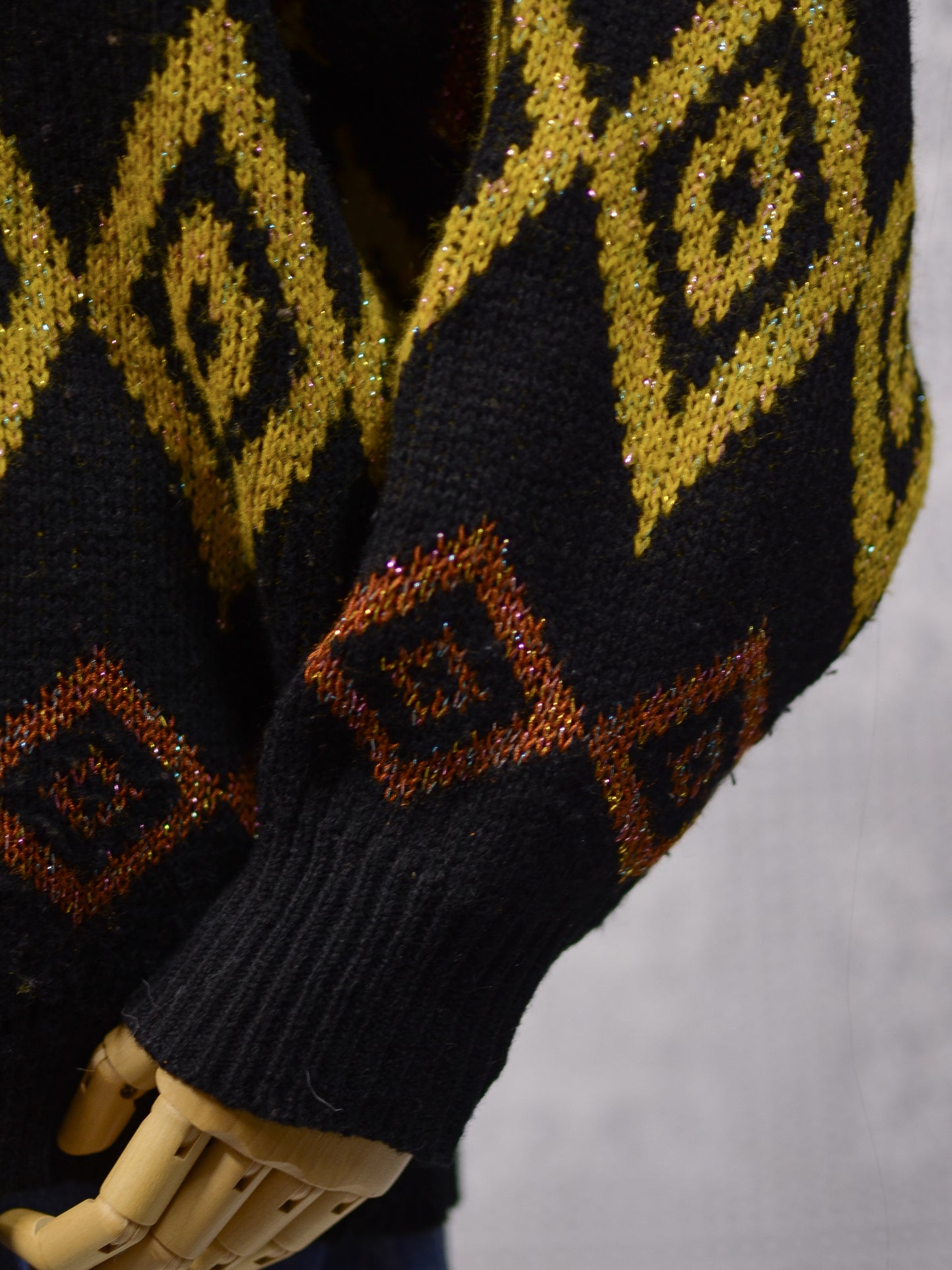 1980s black, yellow and brown sparkly geometric pattern jumper