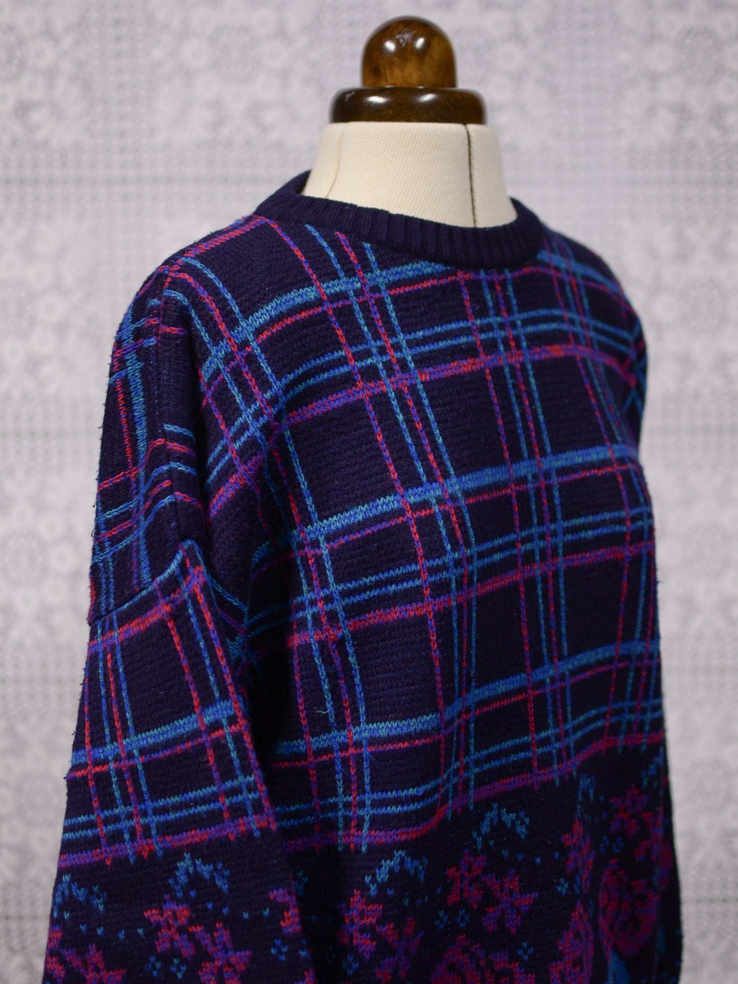 1980s navy, pink and light blue checked and rose floral pattern jumper