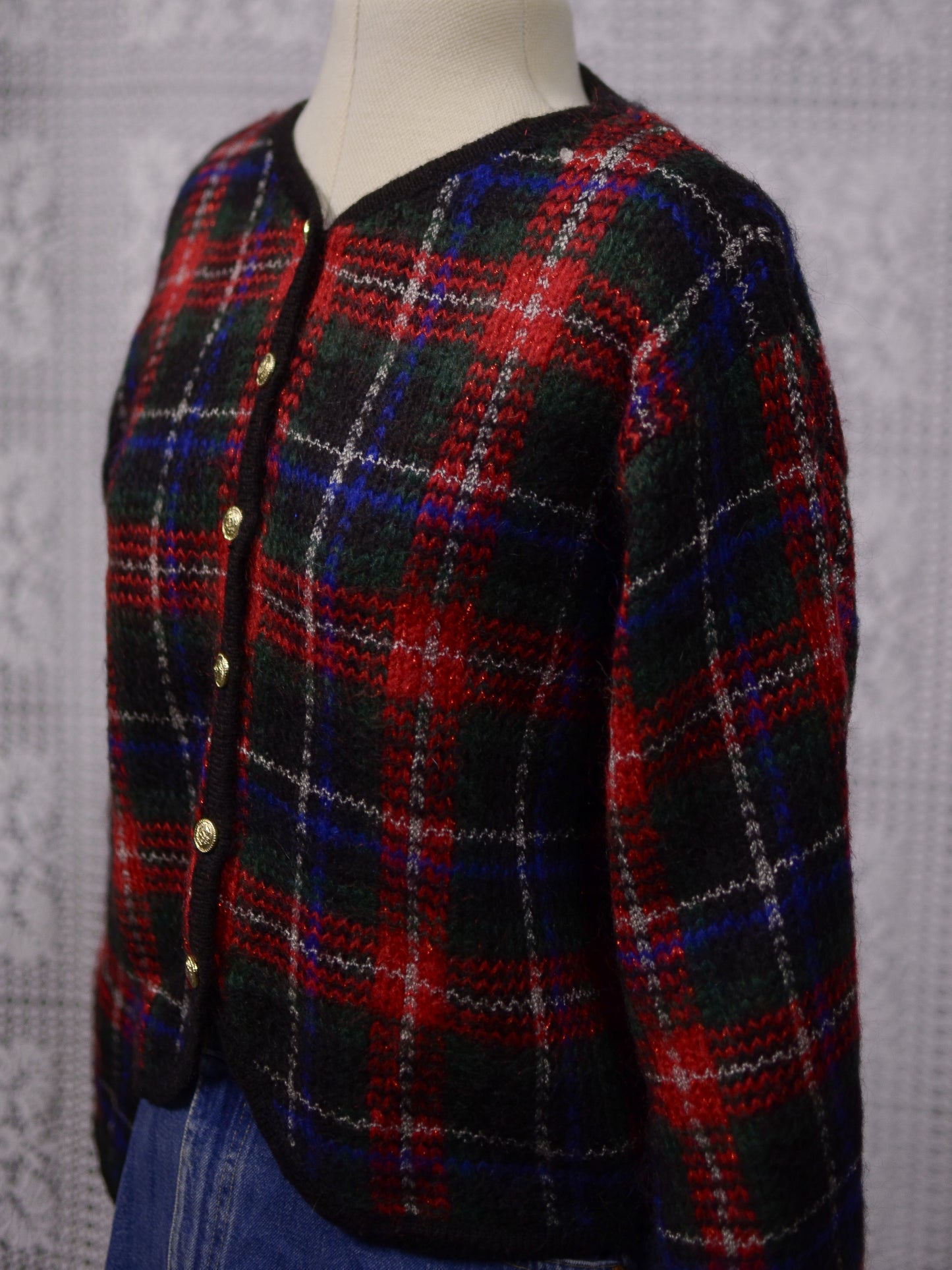 1980s red, green and blue tartan cropped cardigan