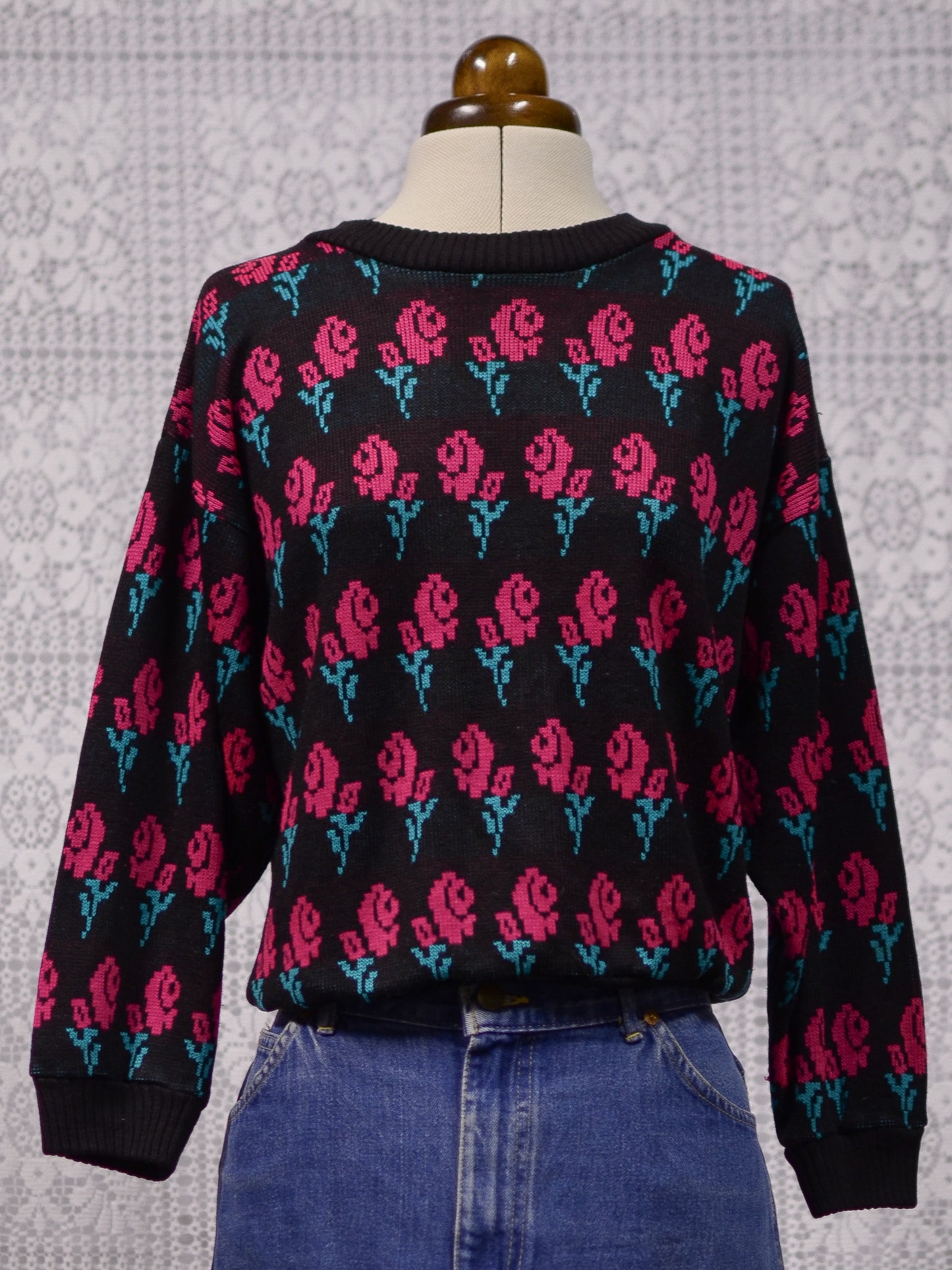 1980s black, hot pink and green rose print 3/4 length sleeve jumper