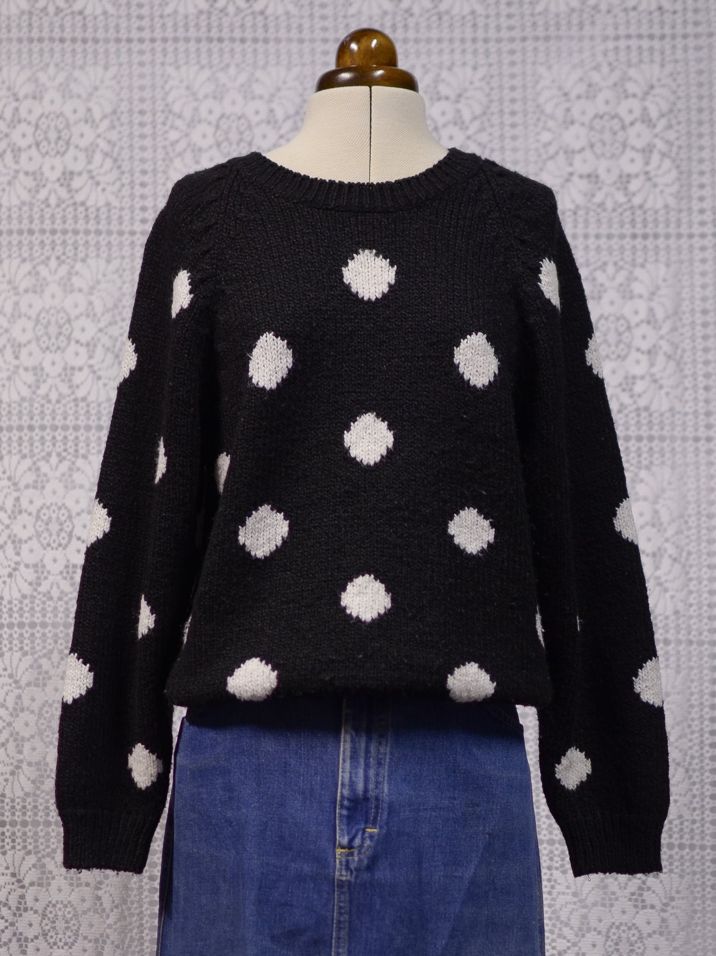 1990s Littlewoods black and white polkadot soft slouchy raglan jumper