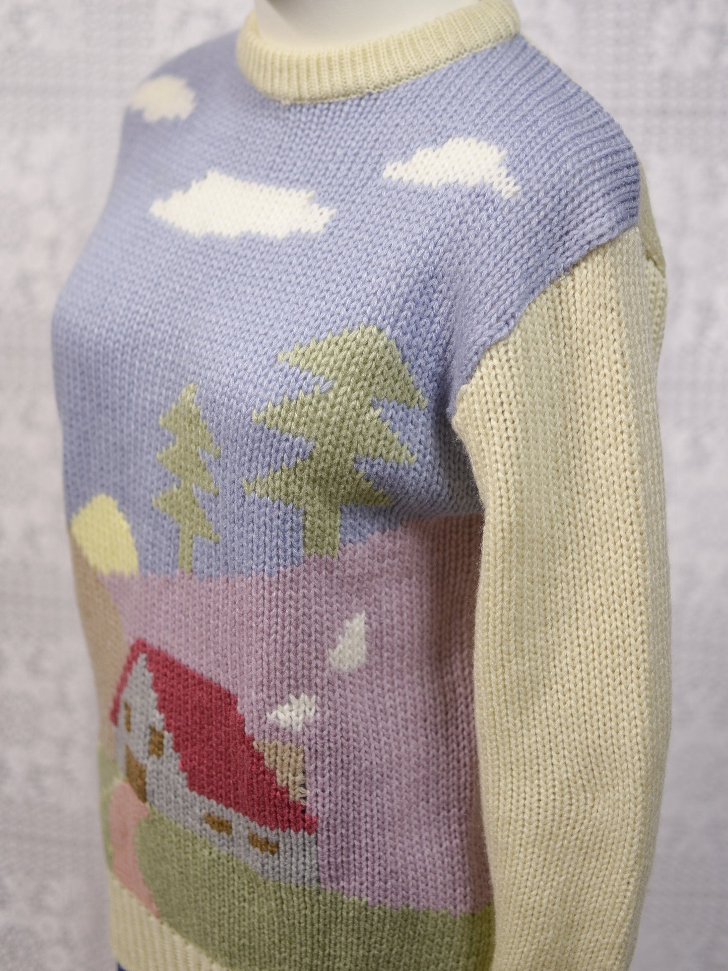 1980s Chelsea Girl cream and pastel cottage pattern jumper