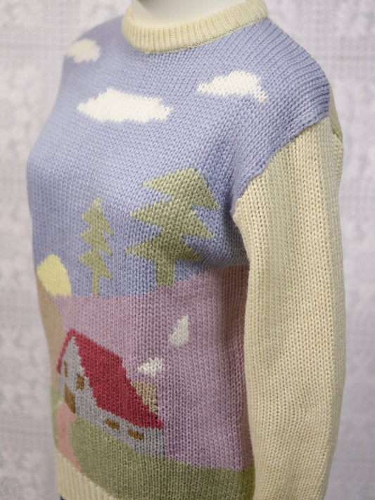 1980s Chelsea Girl cream and pastel cottage pattern jumper