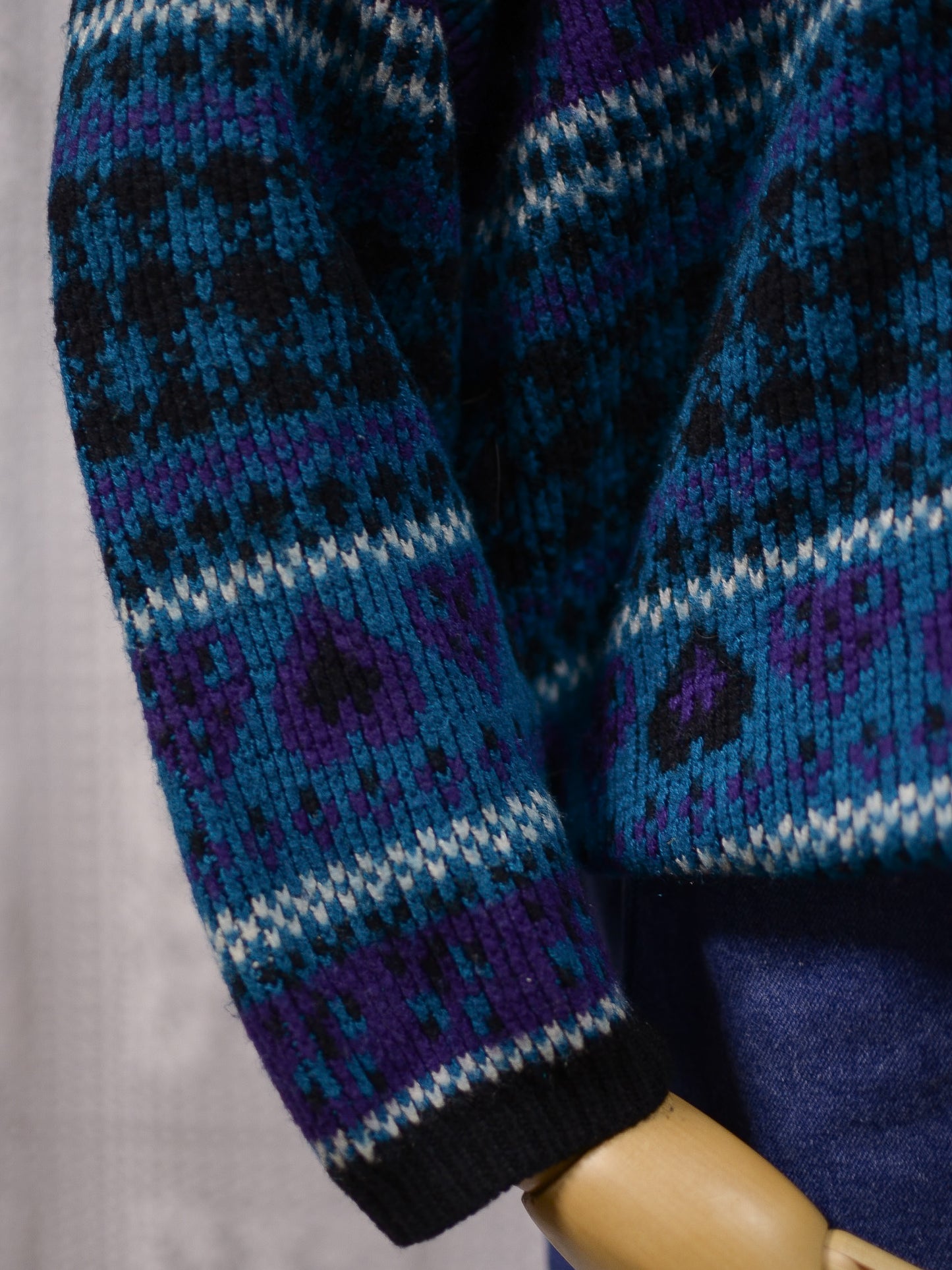 1990s Stefano black, turquoise and purple heart and stripe pattern jumper