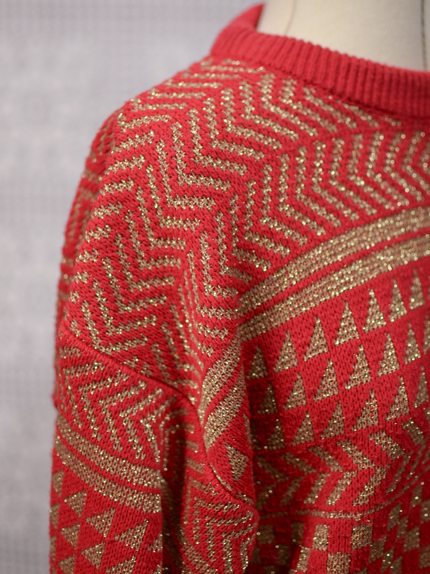 1980s red and gold batwing festive geometric striped jumper