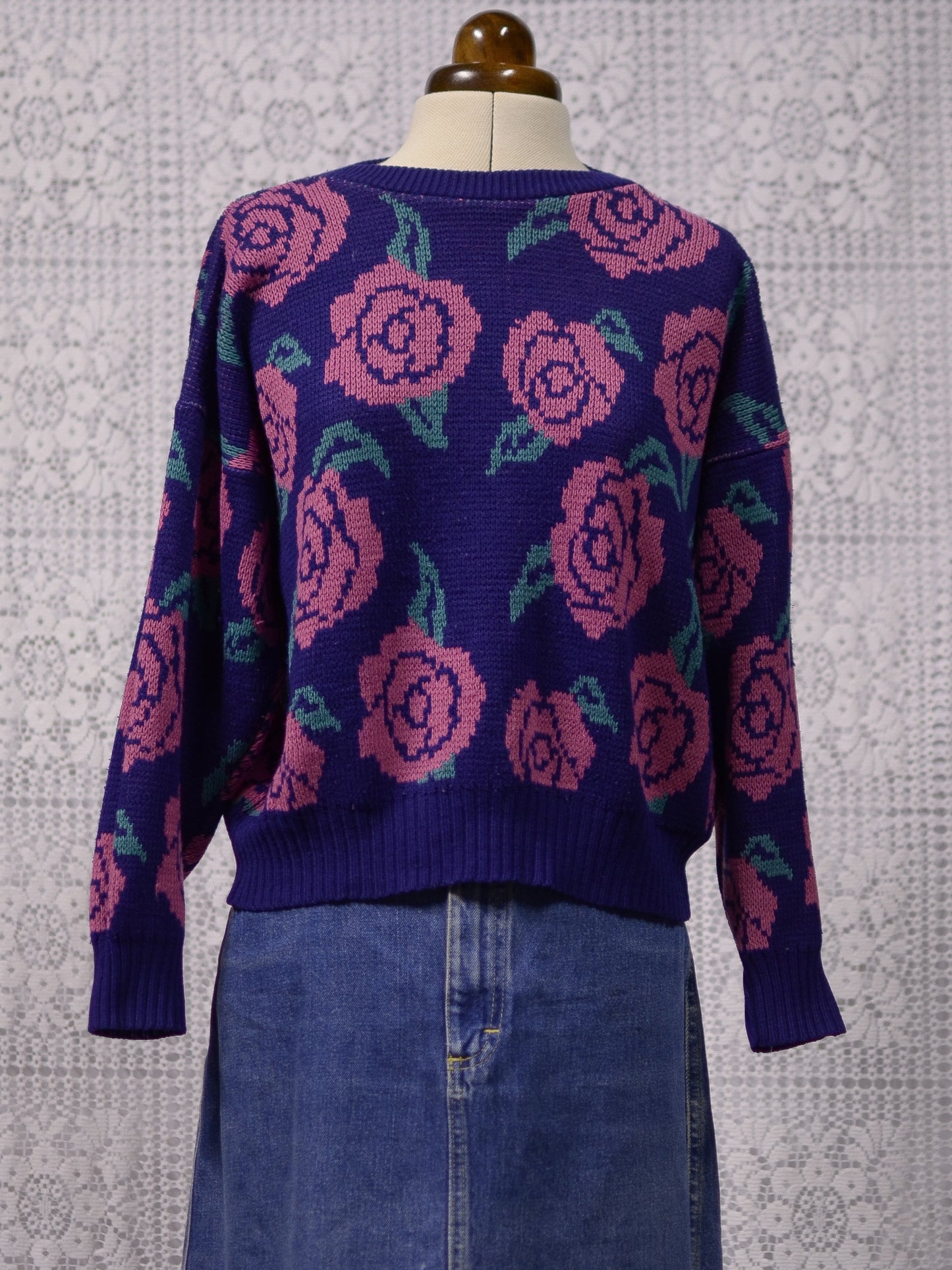 1980s navy blue and pink rose pattern jumper