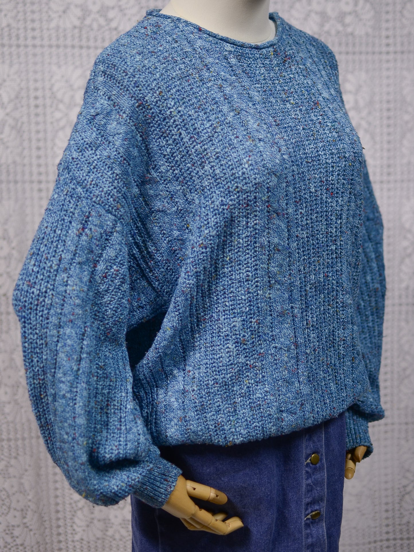 1990s blue and multicolour cotton blend cable knit slouchy jumper
