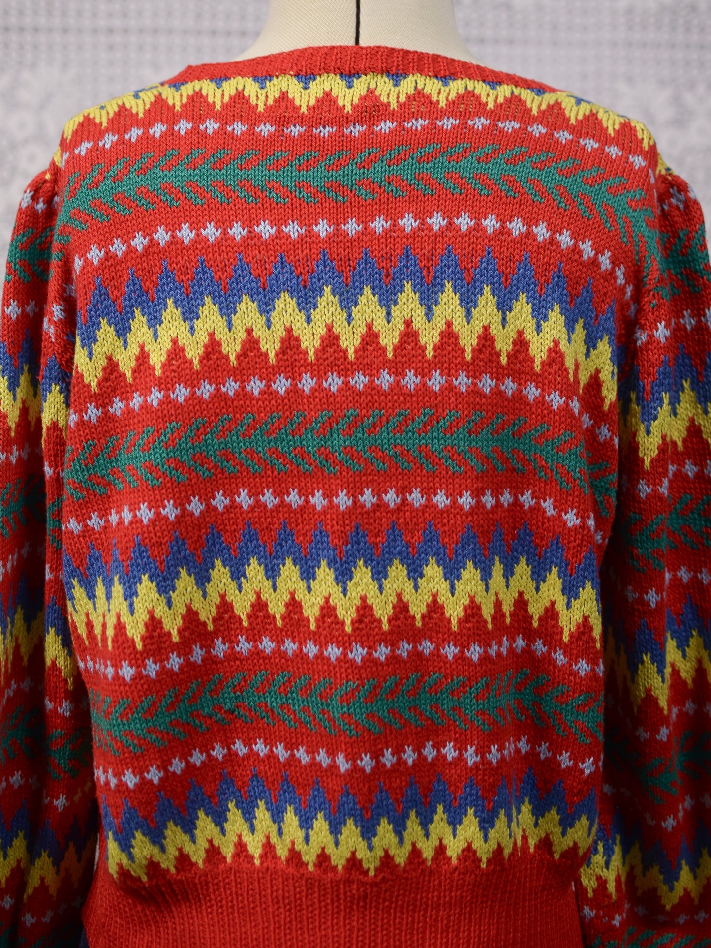 1970s 80s Edina and Lena red, yellow, green and blue hand knitted zigzag cotton jumper