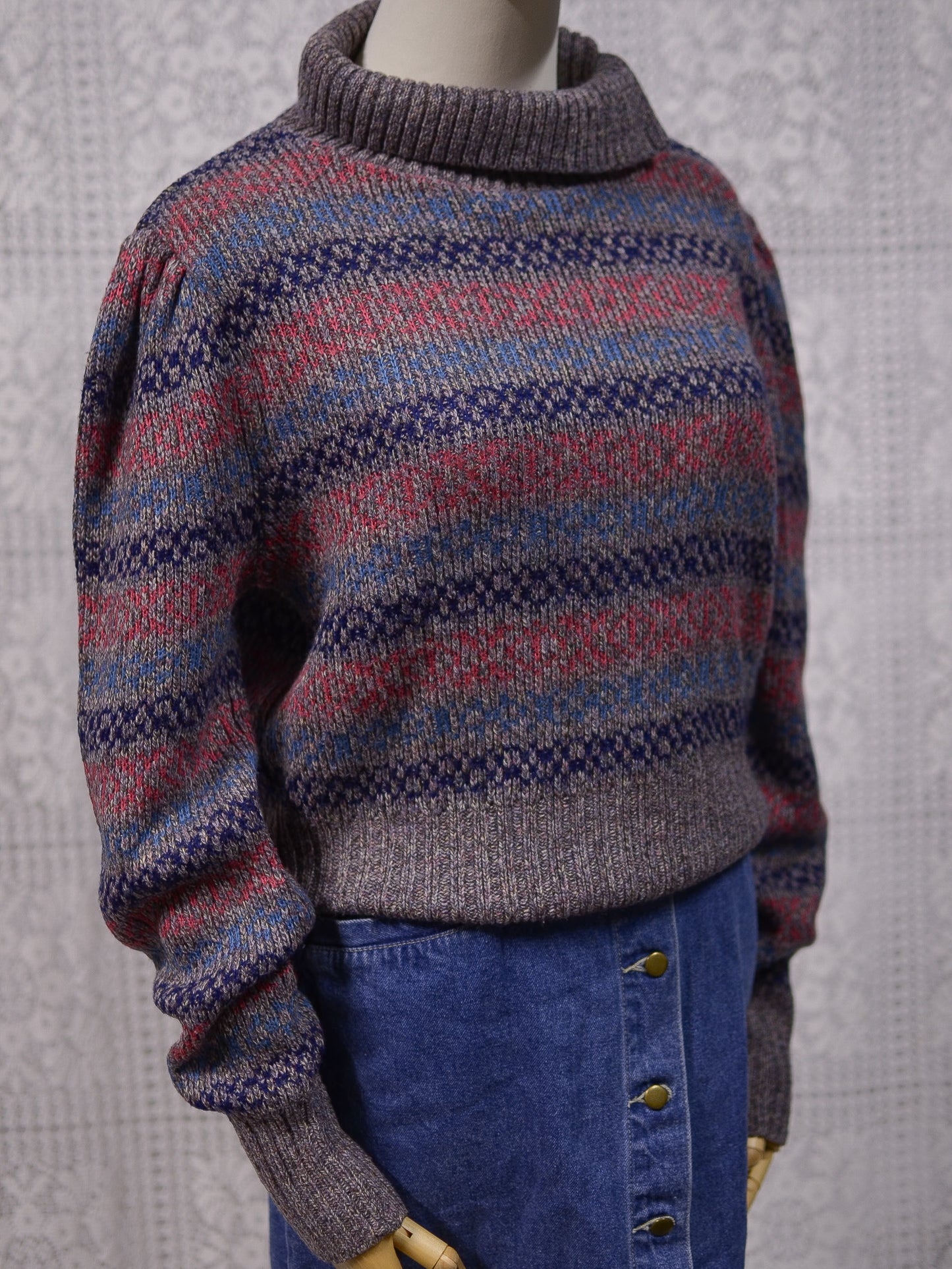 1970s heather grey, pink and purple striped roll neck jumper