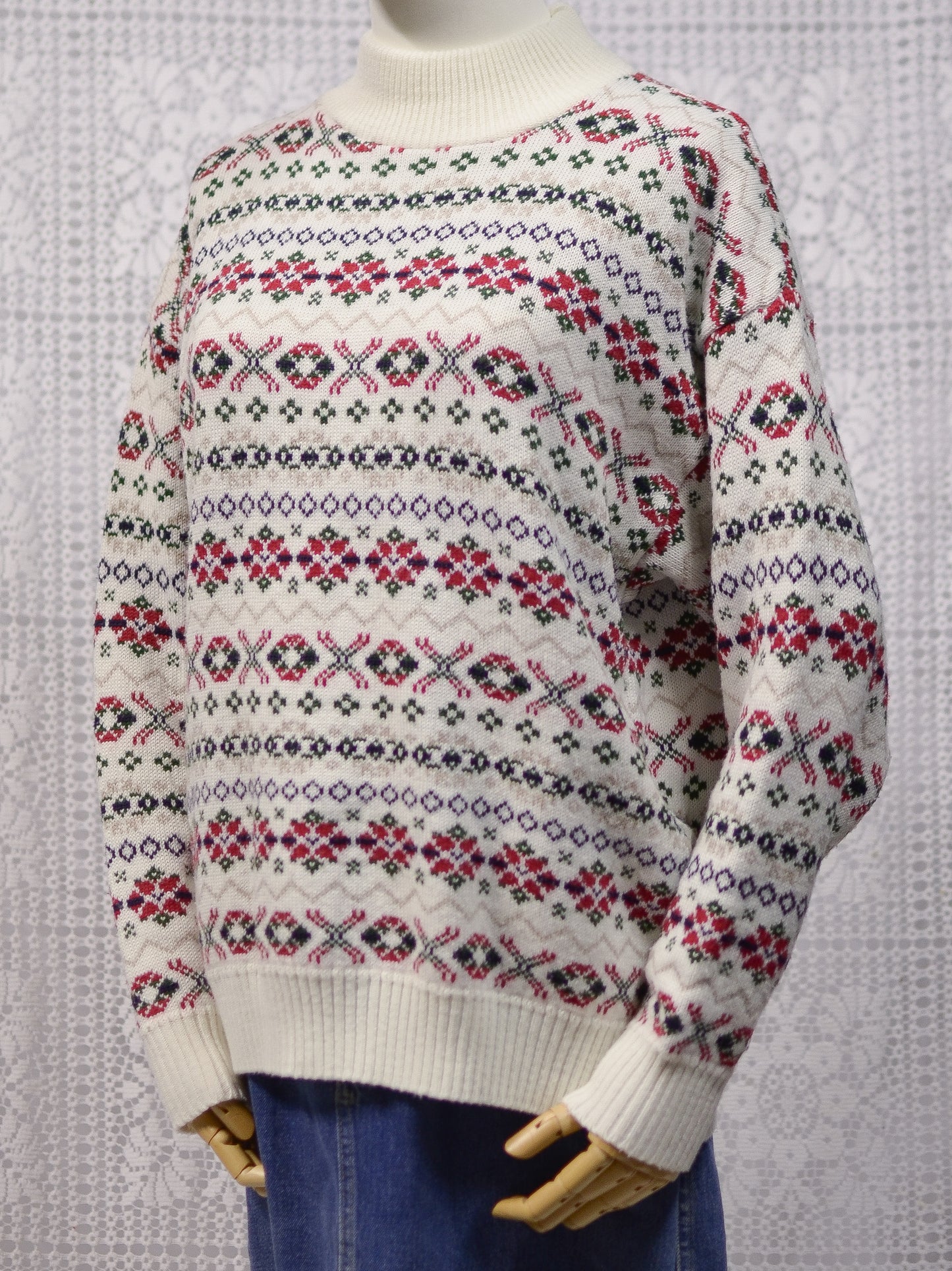 1990s C&A cream, red and green nordic pattern festive jumper