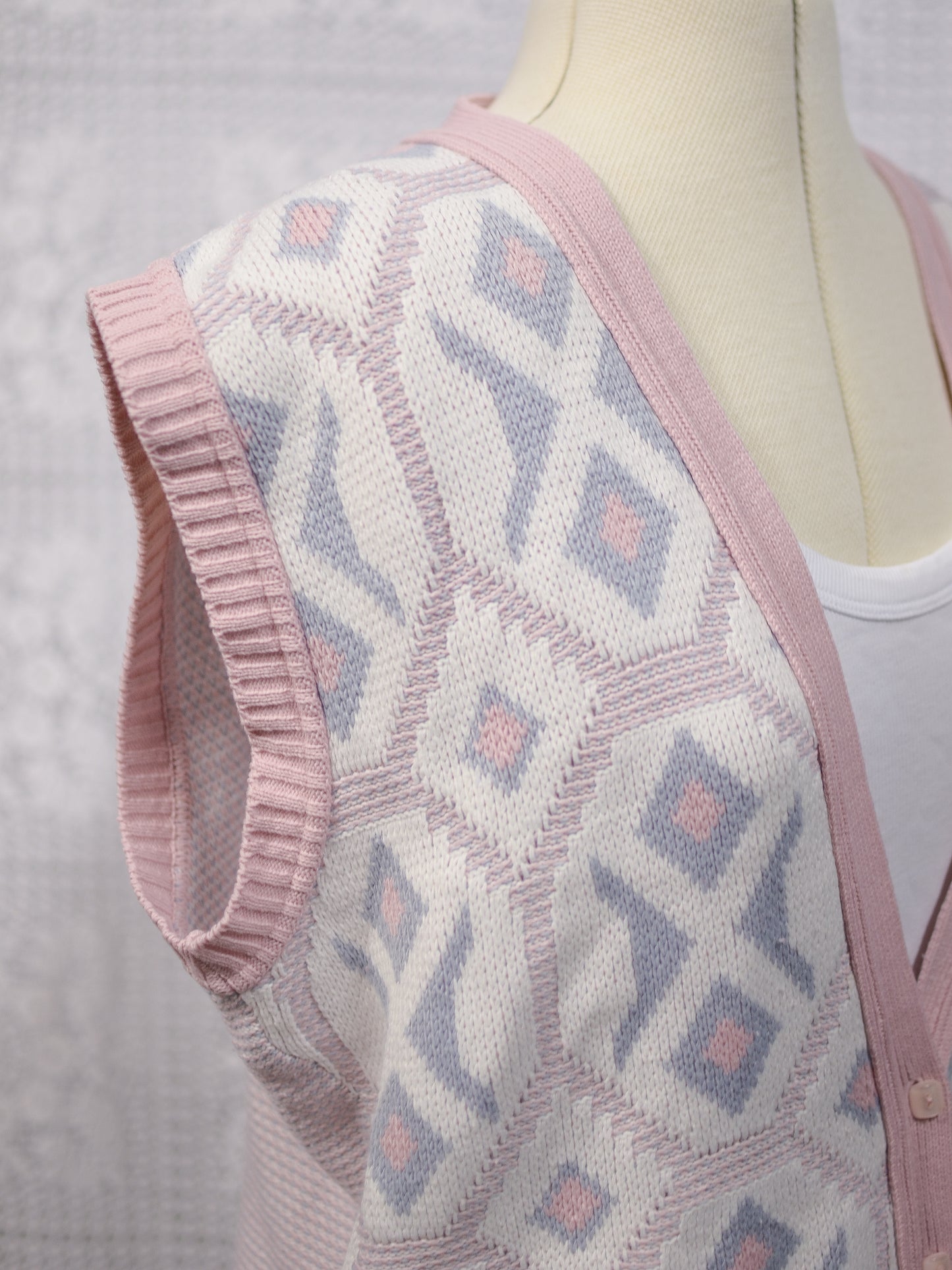 1980s pink, white and blue knitted waistcoat tank top sleeveless cardigan